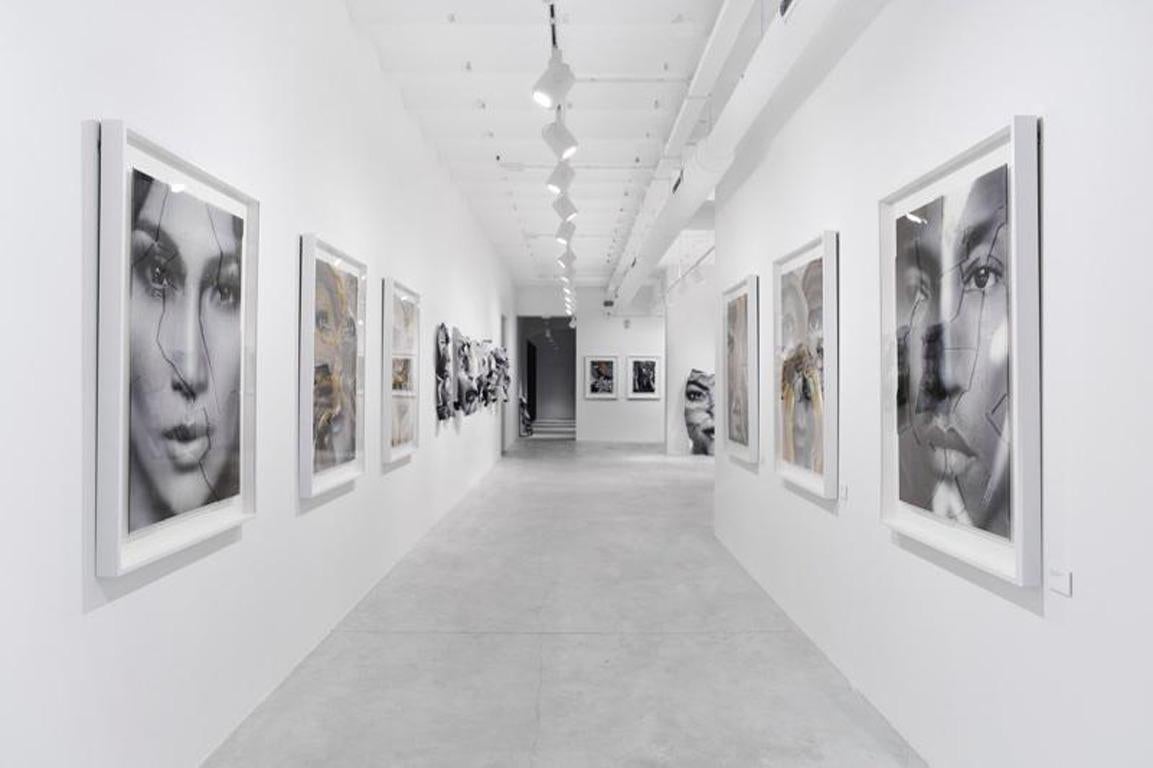 The artist's technique consists of the use of two prints, the first print is the original photography, and the second print is a blurry version of the image printed on glass. The glass version of the picture is shattered with an iron tool to be able