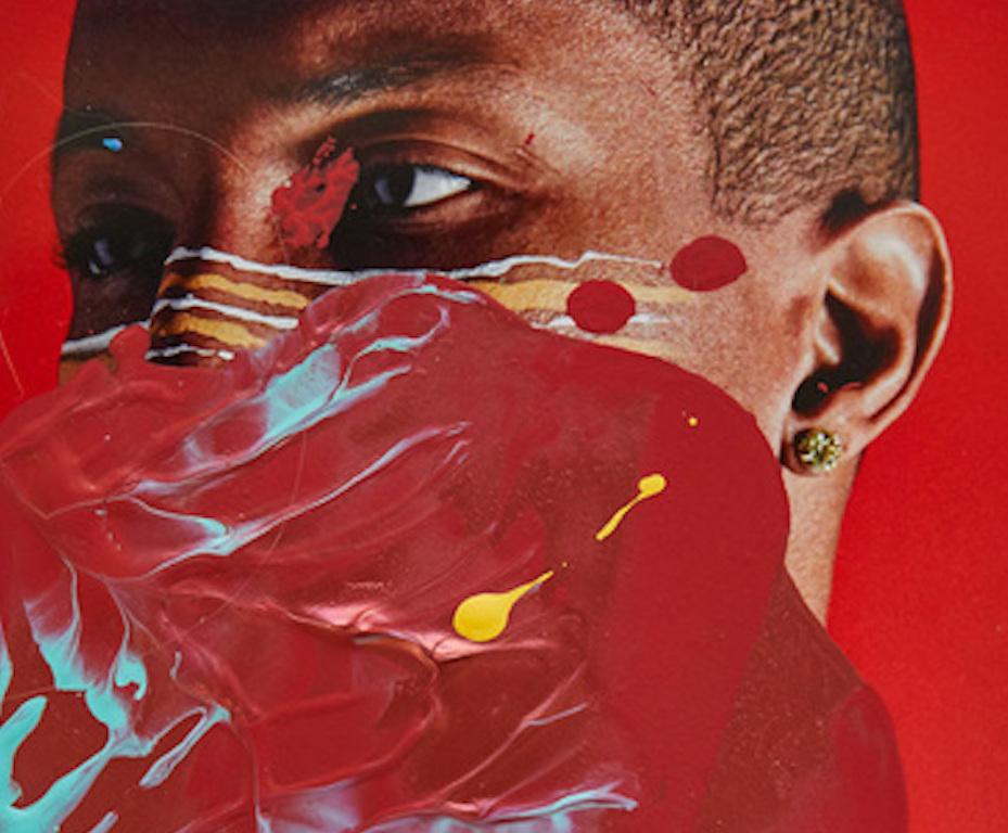 Kaaling. Pharrell Williams. Portrait Intervened by the artists. - Red Color Photograph by Hunter & Gatti