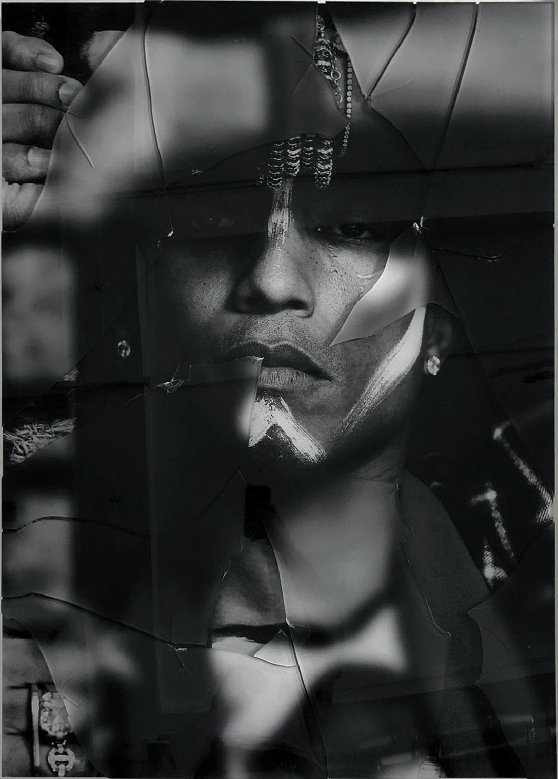Pharrell Williams, Portrait #3. Mixed media on a Black and white photograph - Contemporary Mixed Media Art by Hunter & Gatti