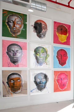 Set of 9 portraits of Pharrell Williams, LIVE FOREVER series. Mixed media