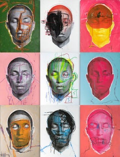 Set of 9 portraits of Pharrell Williams,  LIVE FOREVER series. Mixed media  