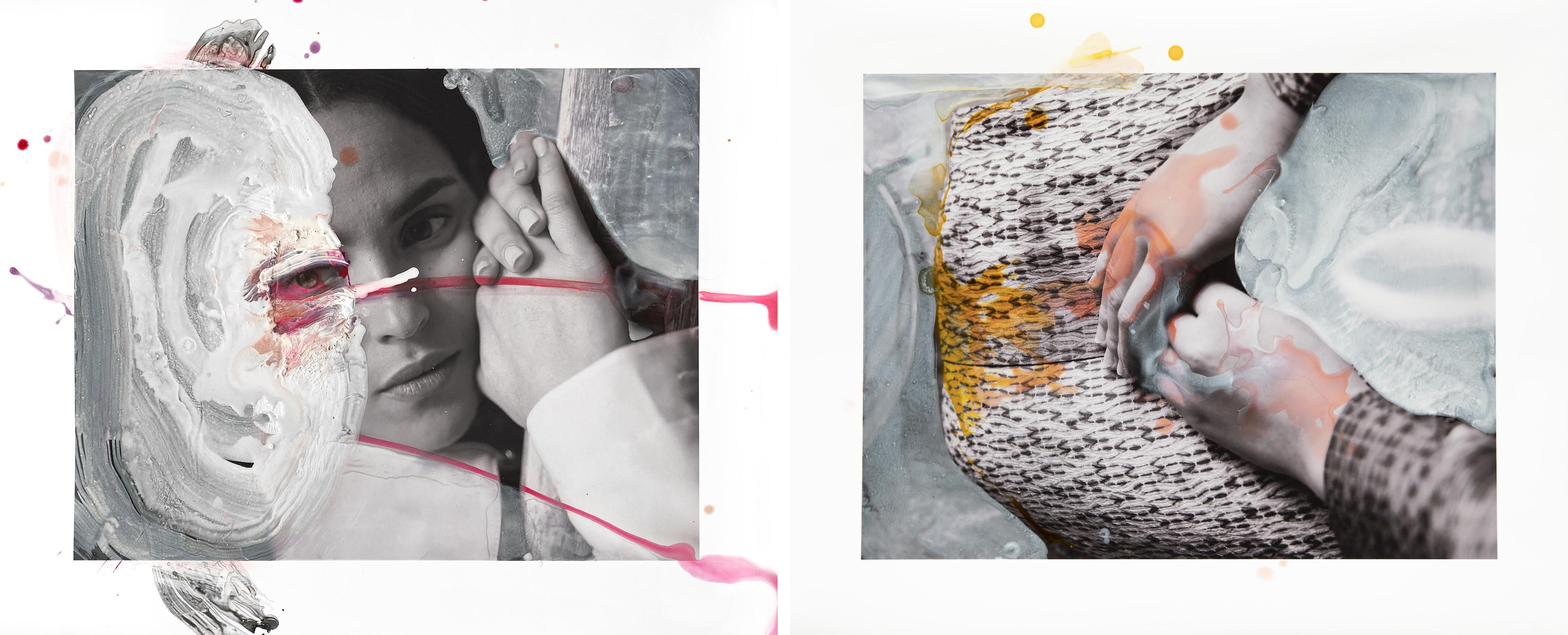 Tokyo and Wakako, Diptych. Abstract mixed media on a color photograph