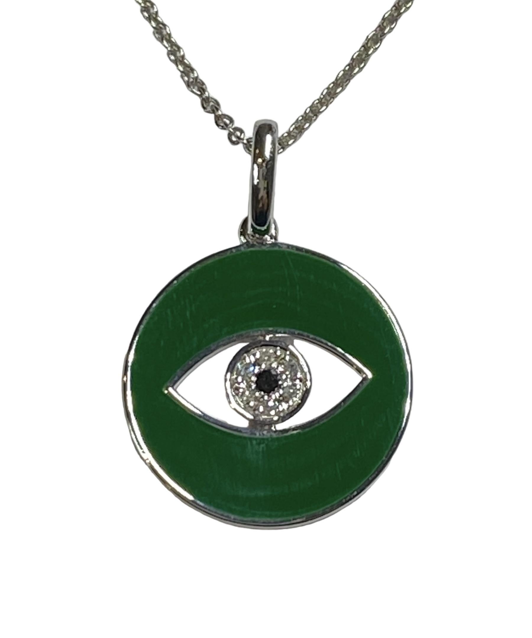 Solid 14K White Gold Evil Eye Diamond Necklace 
Fall in love with this Hunter Green Enamel Evil Eye high-polish pendant with natural diamonds.
The Evil Eye is an symbol of spiritual protection and good health. 

14K White Gold 


Green Enamel 
0.05