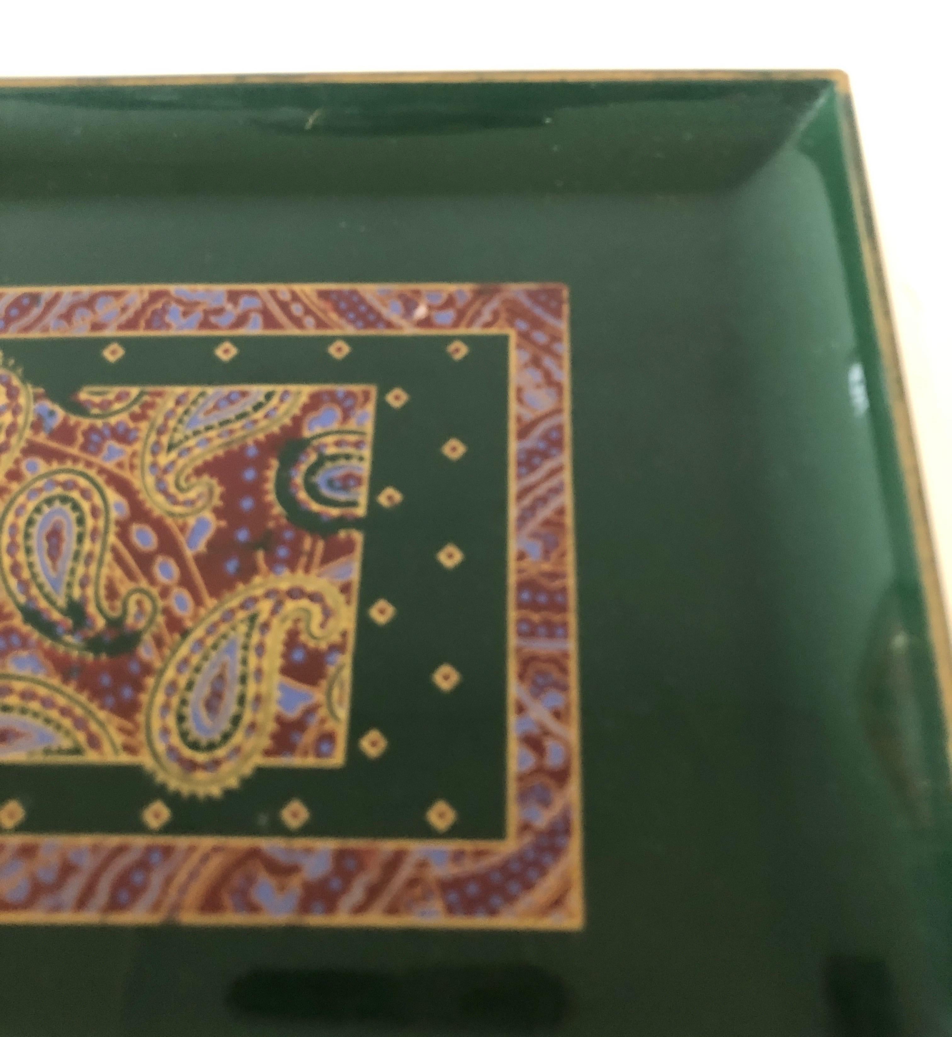 Machine-Made Hunter Green Japanese Paisley Faux Lacquerware Small Tray