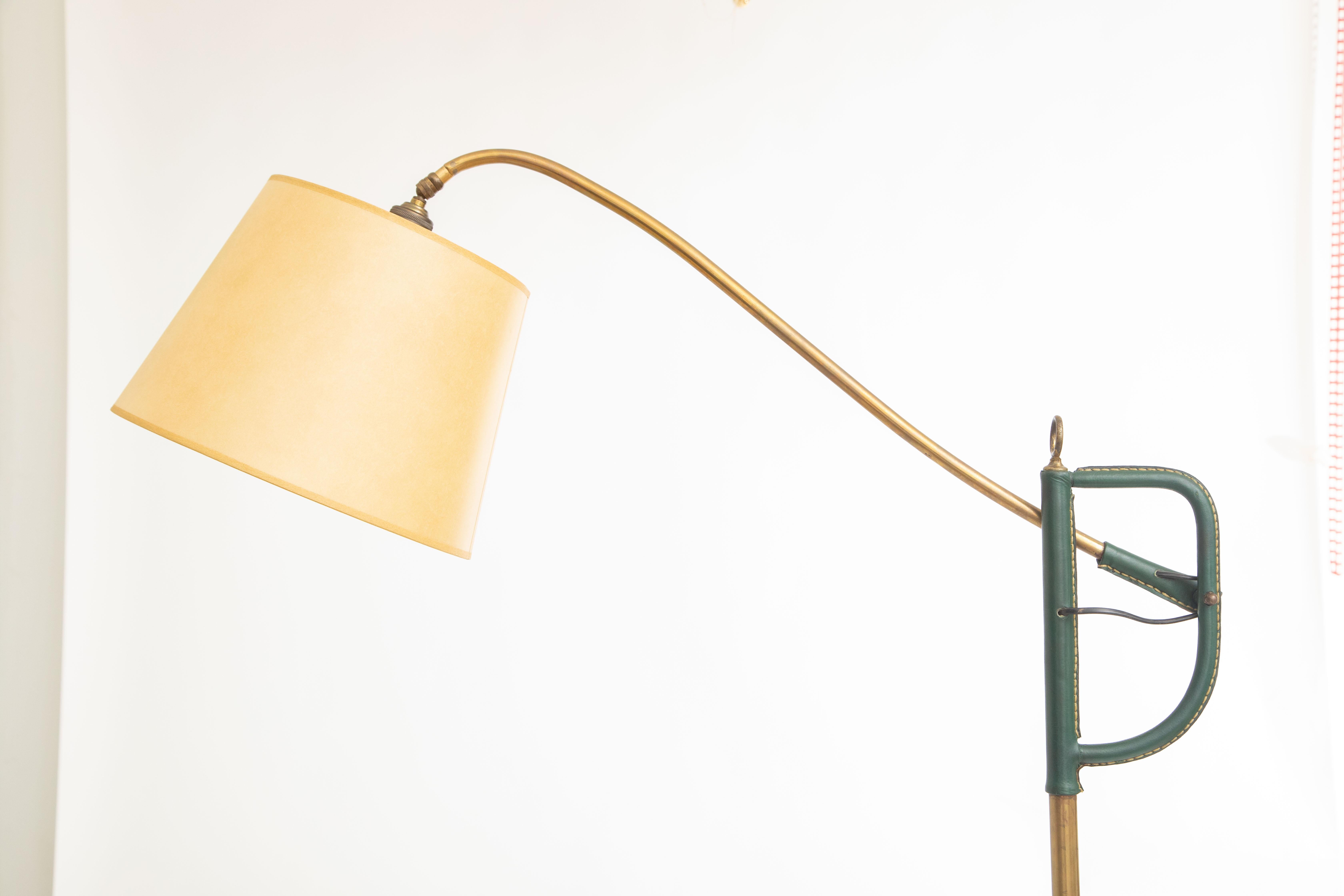 Hunter Green Stitched Leather and Brass Floor Lamp by Jacques Adnet, France 1950 For Sale 4