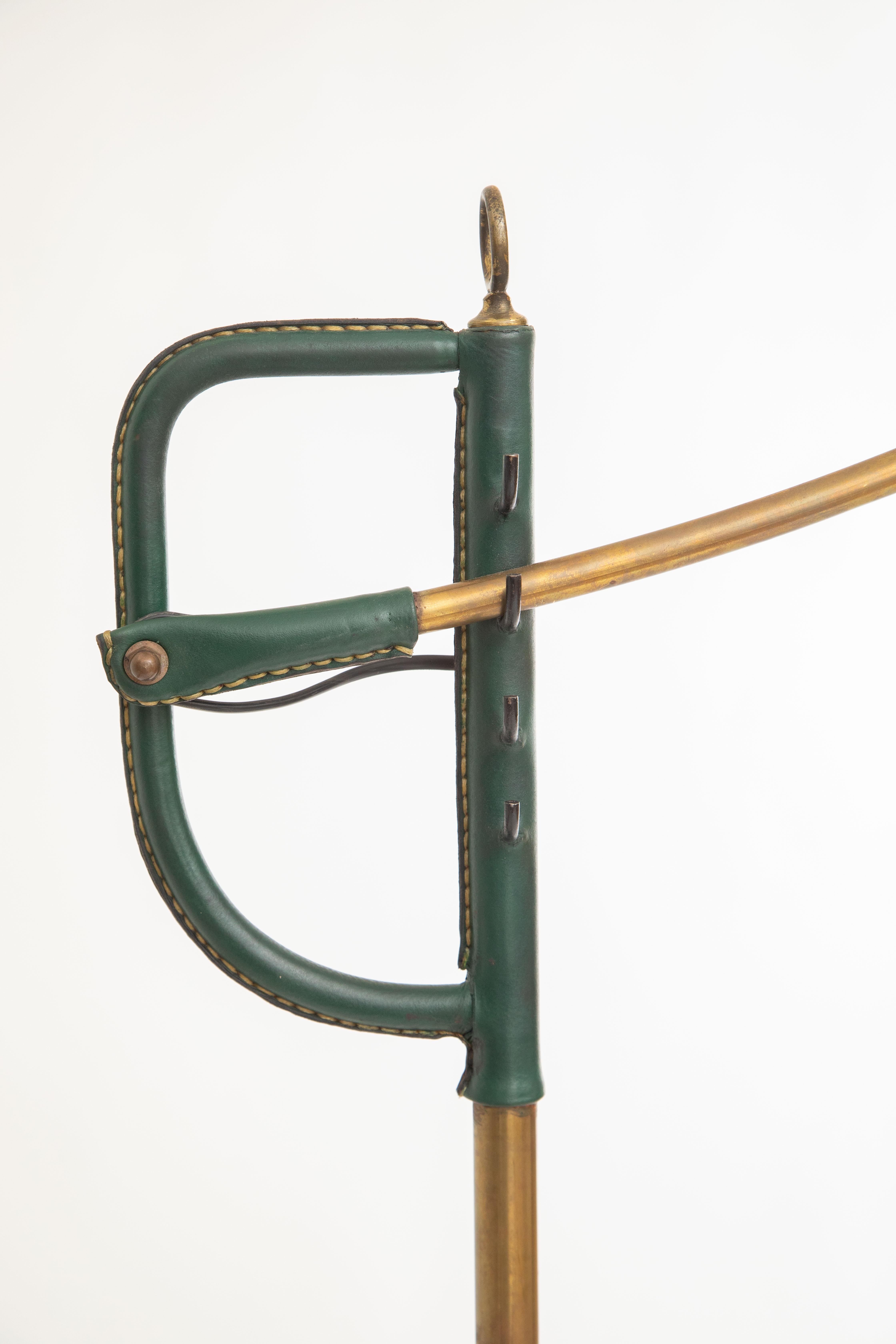 French Hunter Green Stitched Leather and Brass Floor Lamp by Jacques Adnet, France 1950 For Sale