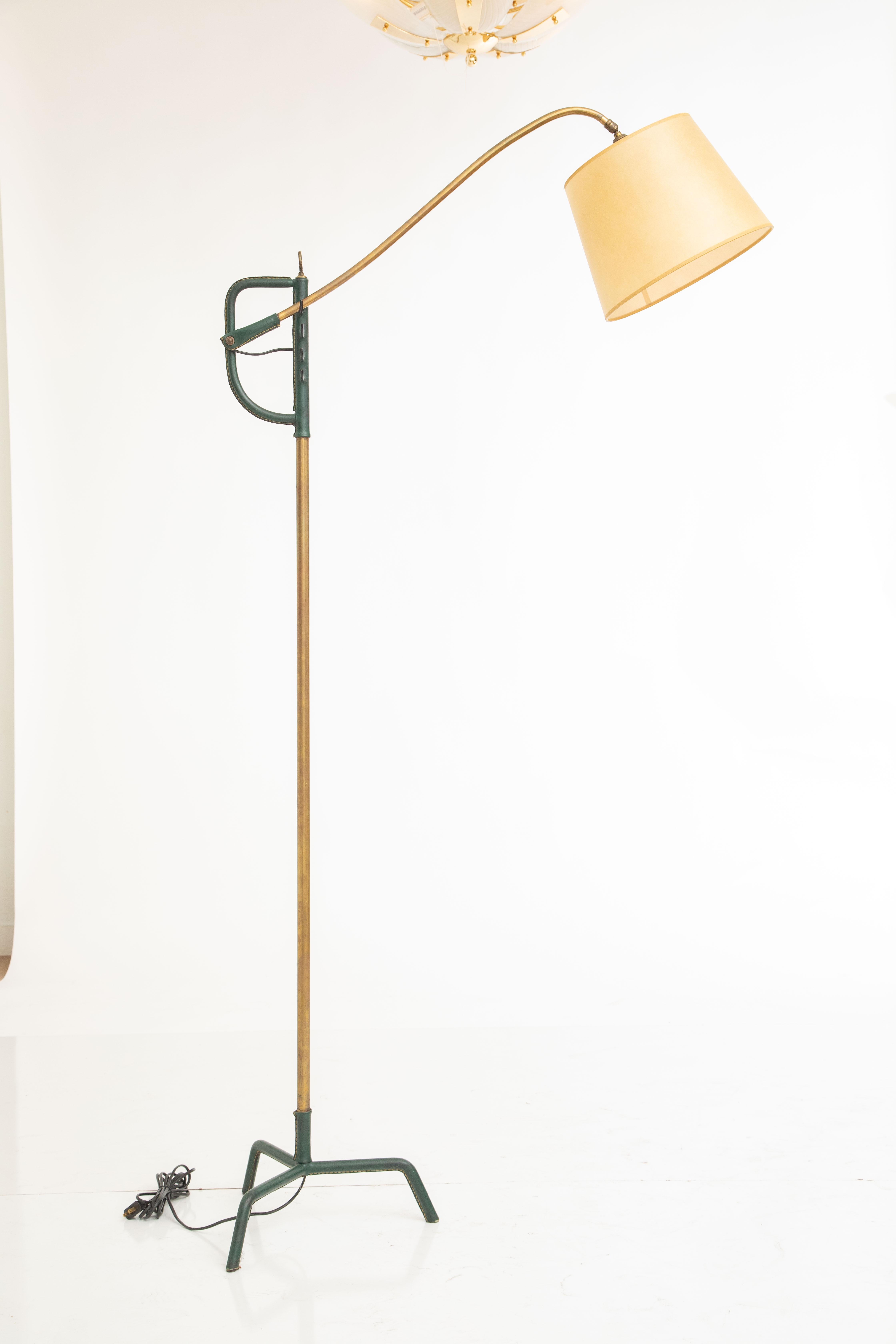 20th Century Hunter Green Stitched Leather and Brass Floor Lamp by Jacques Adnet, France 1950 For Sale