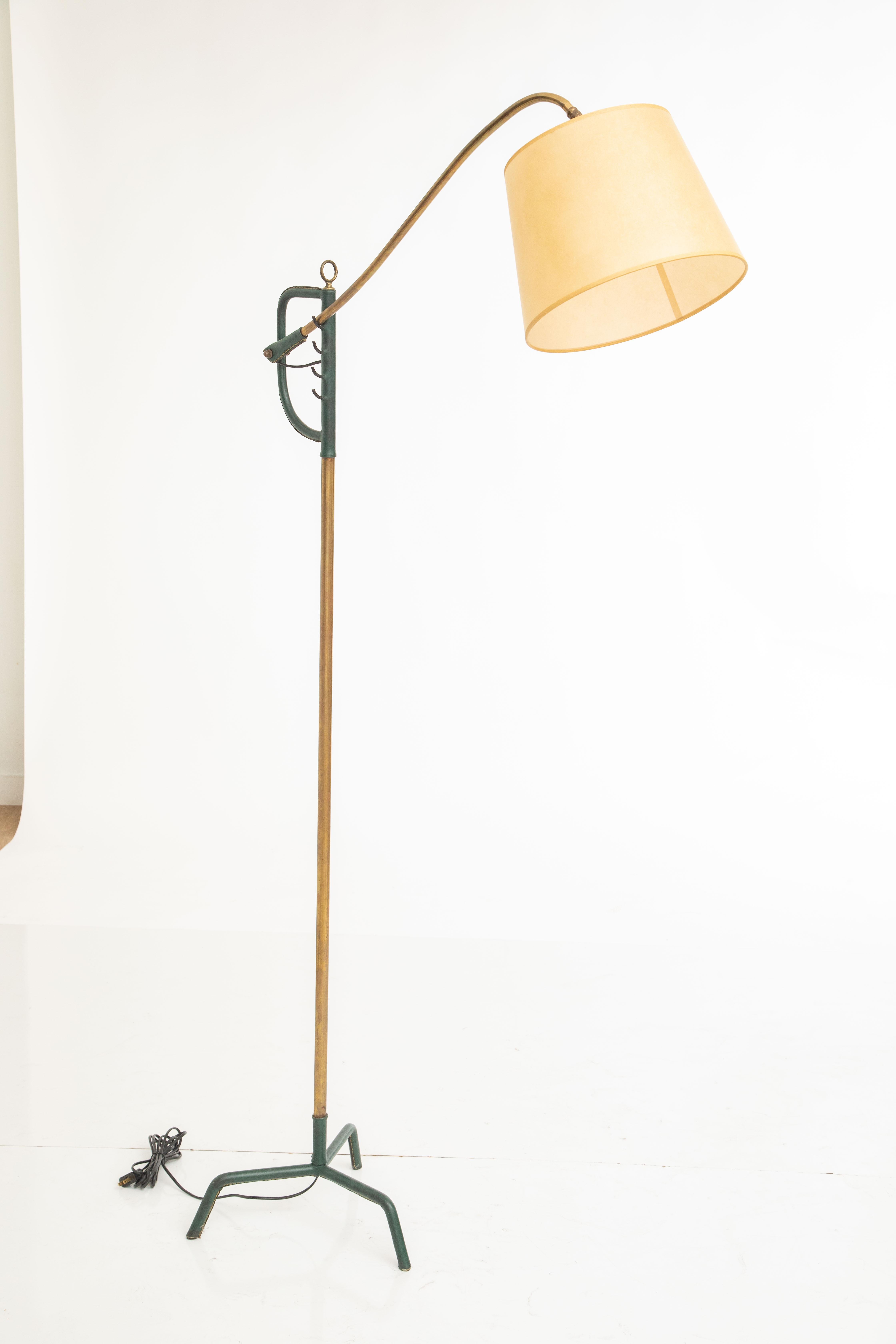 Hunter Green Stitched Leather and Brass Floor Lamp by Jacques Adnet, France 1950 For Sale 1