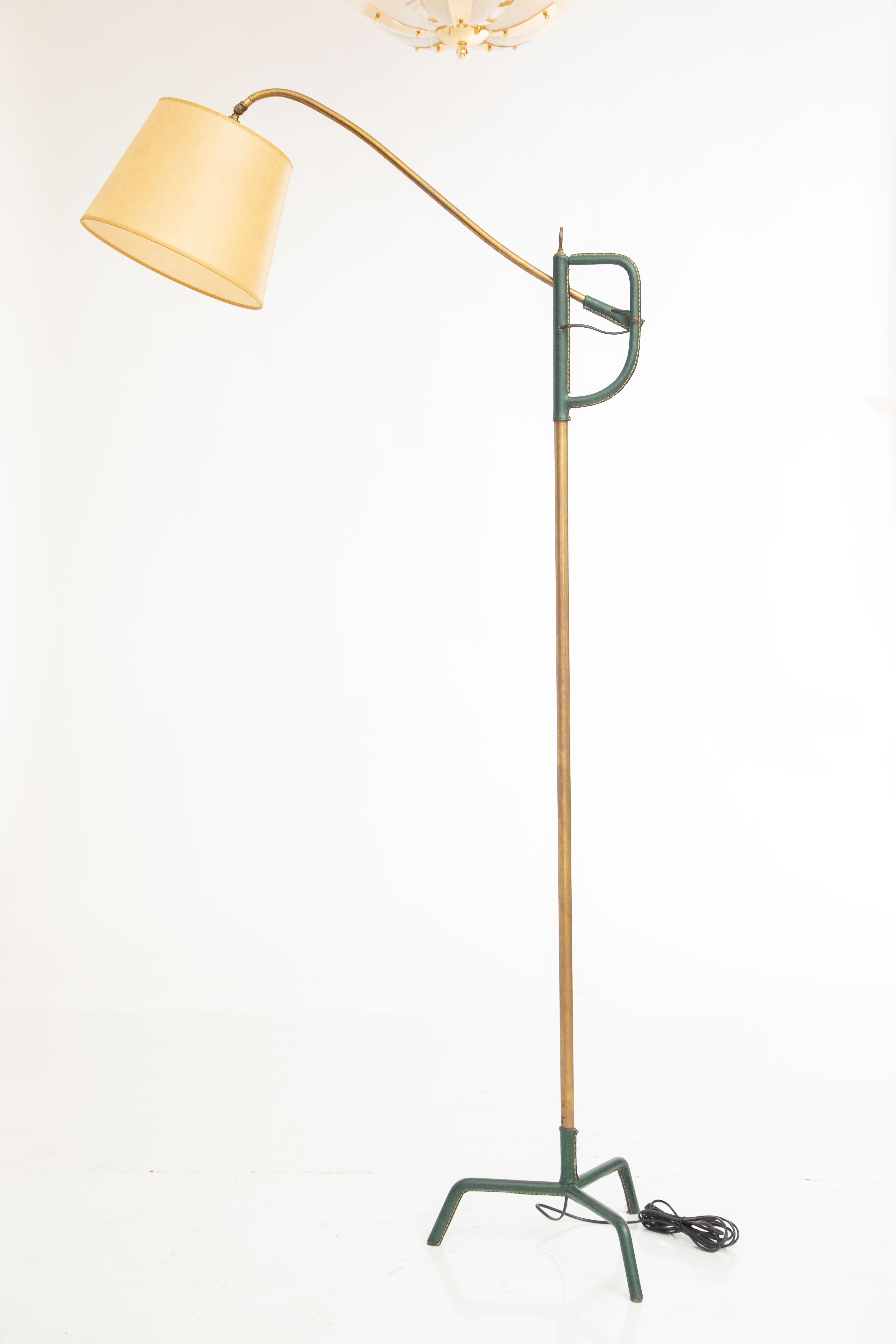 Hunter Green Stitched Leather and Brass Floor Lamp by Jacques Adnet, France 1950 For Sale 3