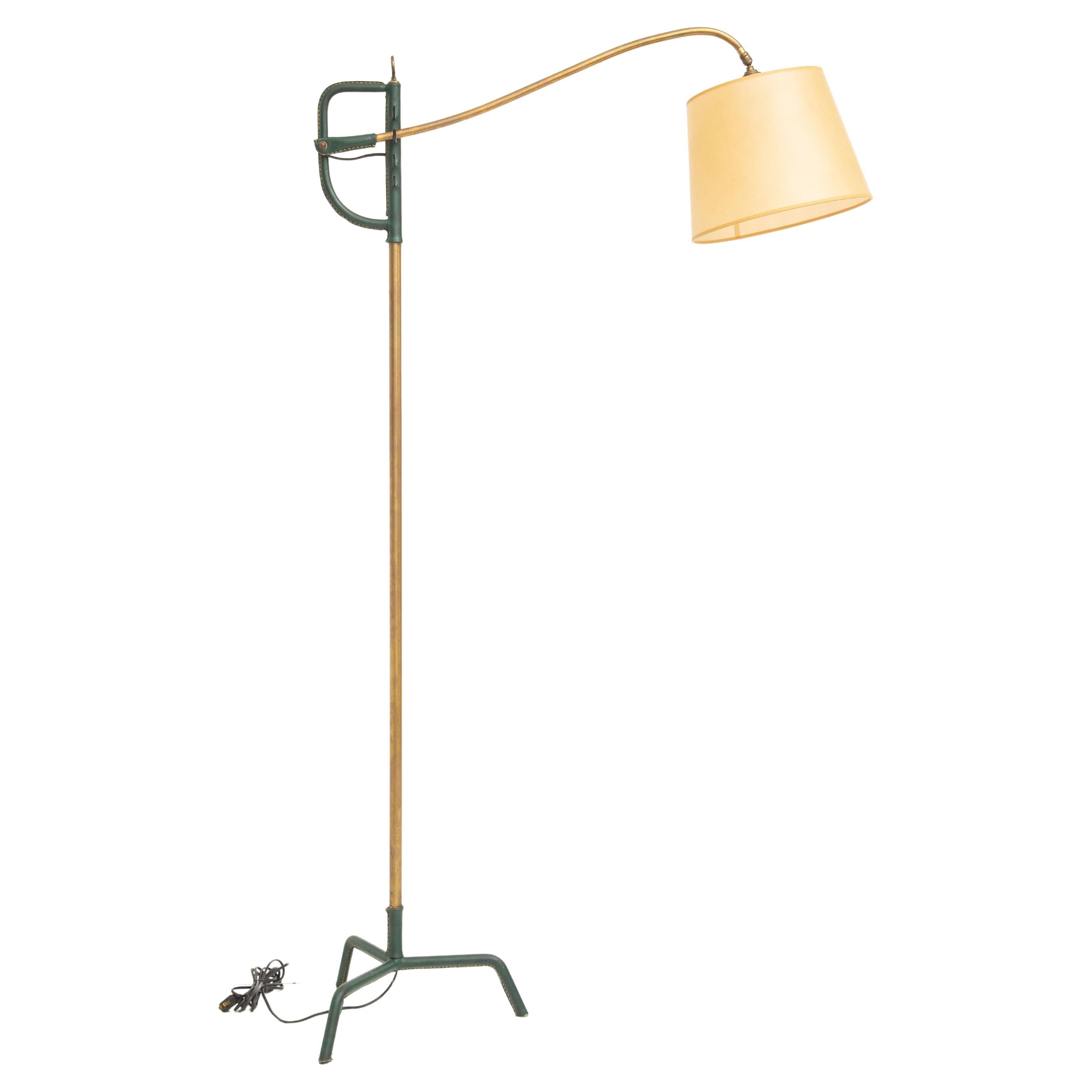 Hunter Green Stitched Leather and Brass Floor Lamp by Jacques Adnet, France 1950