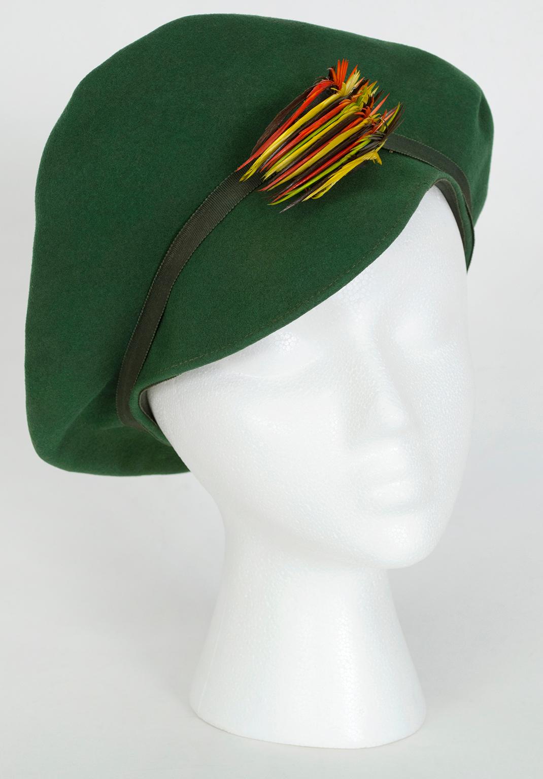 A hat with an unusual kick of saturated color can be just the punctuation a neutral outfit needs. This one, with its claw-like cockscomb, provides punch and playfulness all in one.

Hunter green brevet with front bill and ½” grosgrain band with left