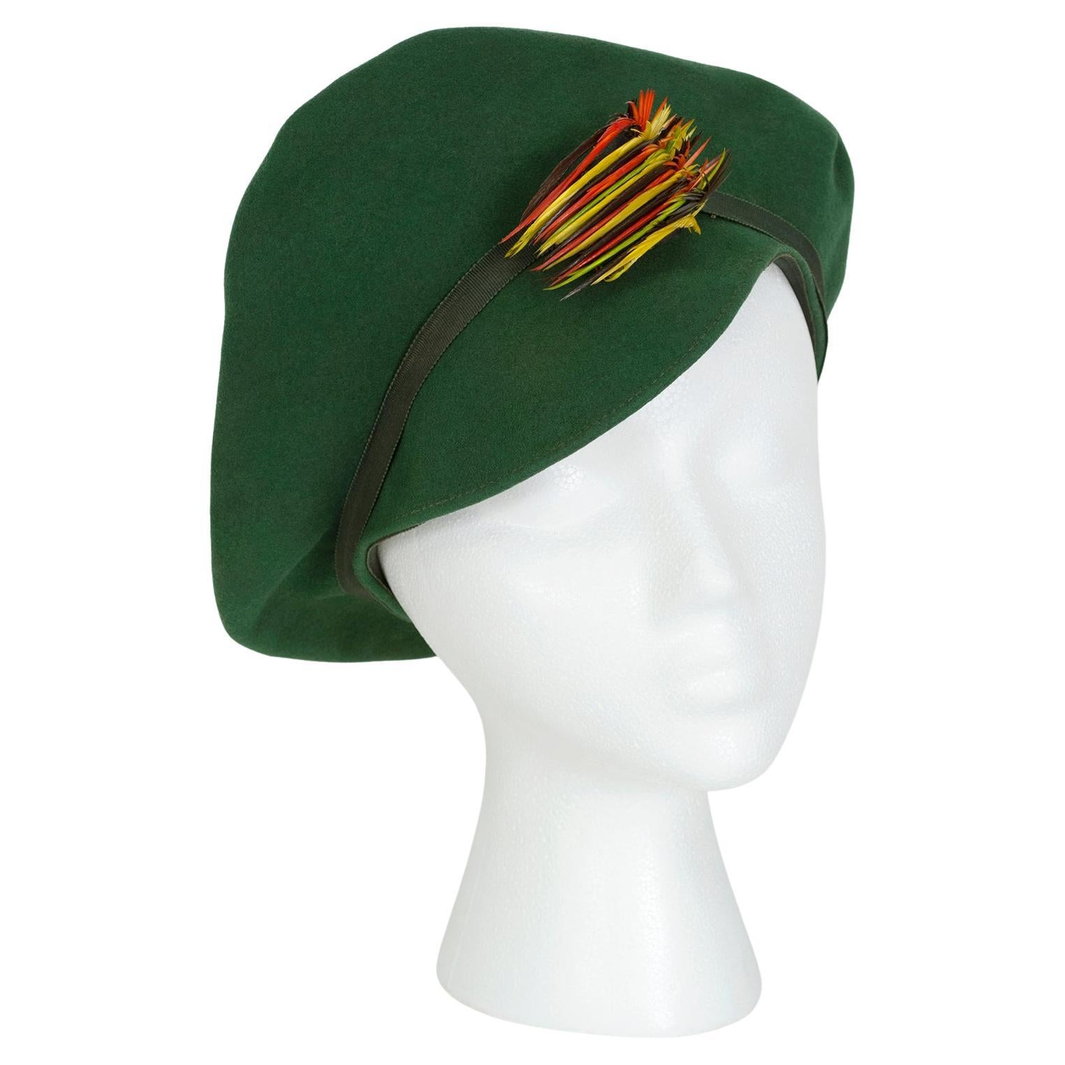 Hunter Green Wool Brevet Beret w Orange and Yellow Cockscomb Feather – M, 1930s