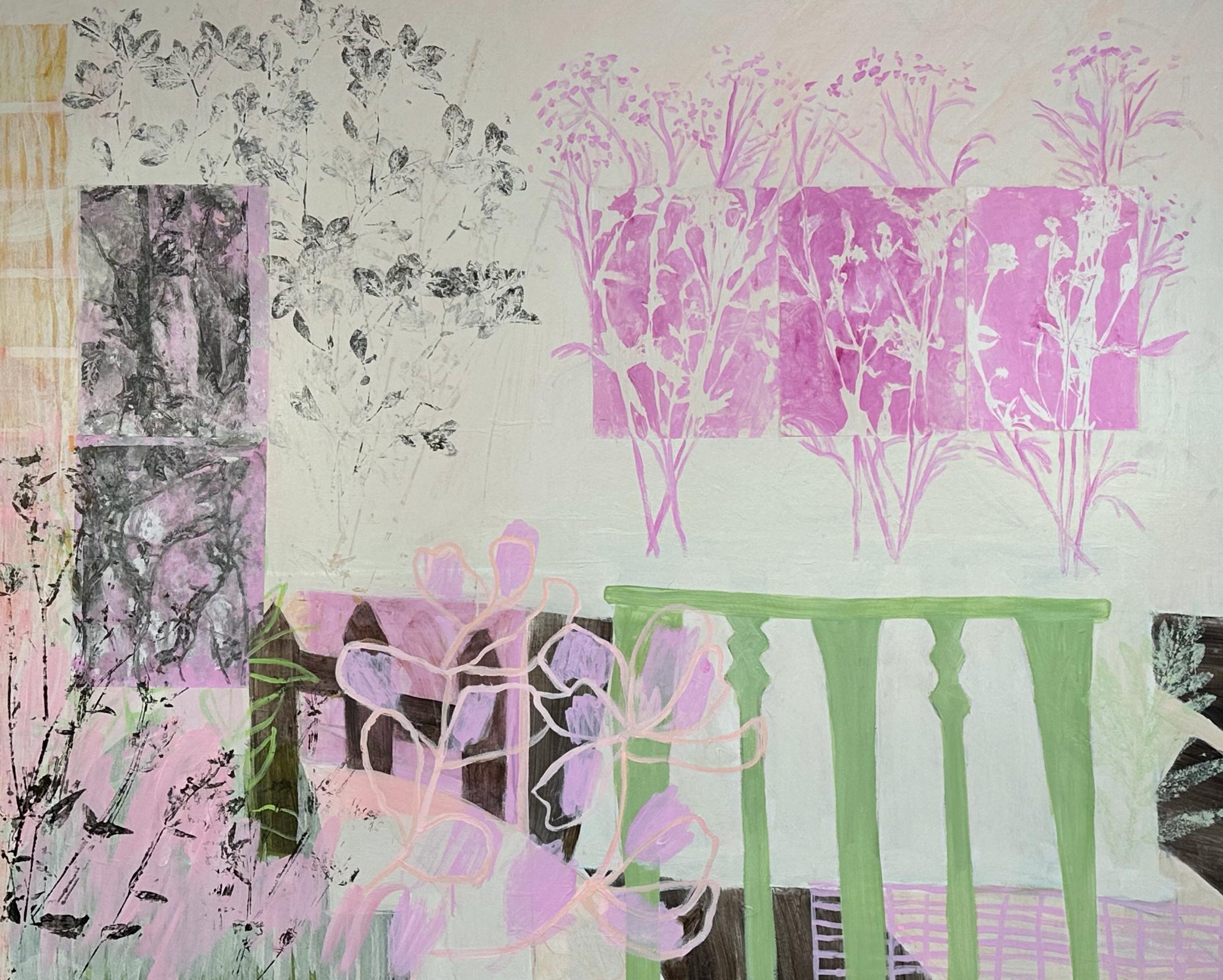 Green Gate(48 "x60 acrílico, monoimpresión collage sobre lienzo) - Mixed Media Art de Hunter Hogan