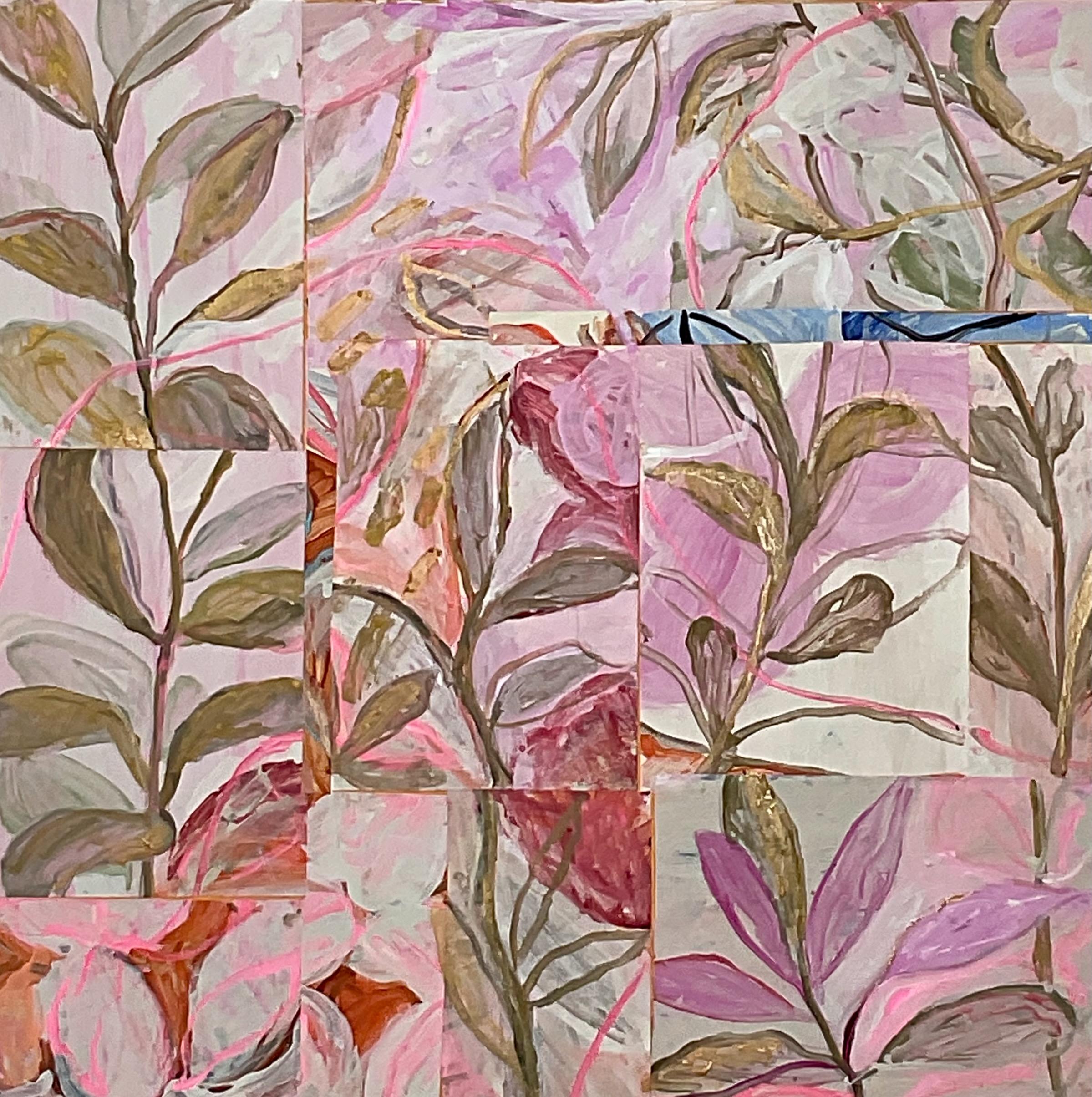 Hojas y Rosas, 30 "x30", (acrílico y collage sobre lienzo)