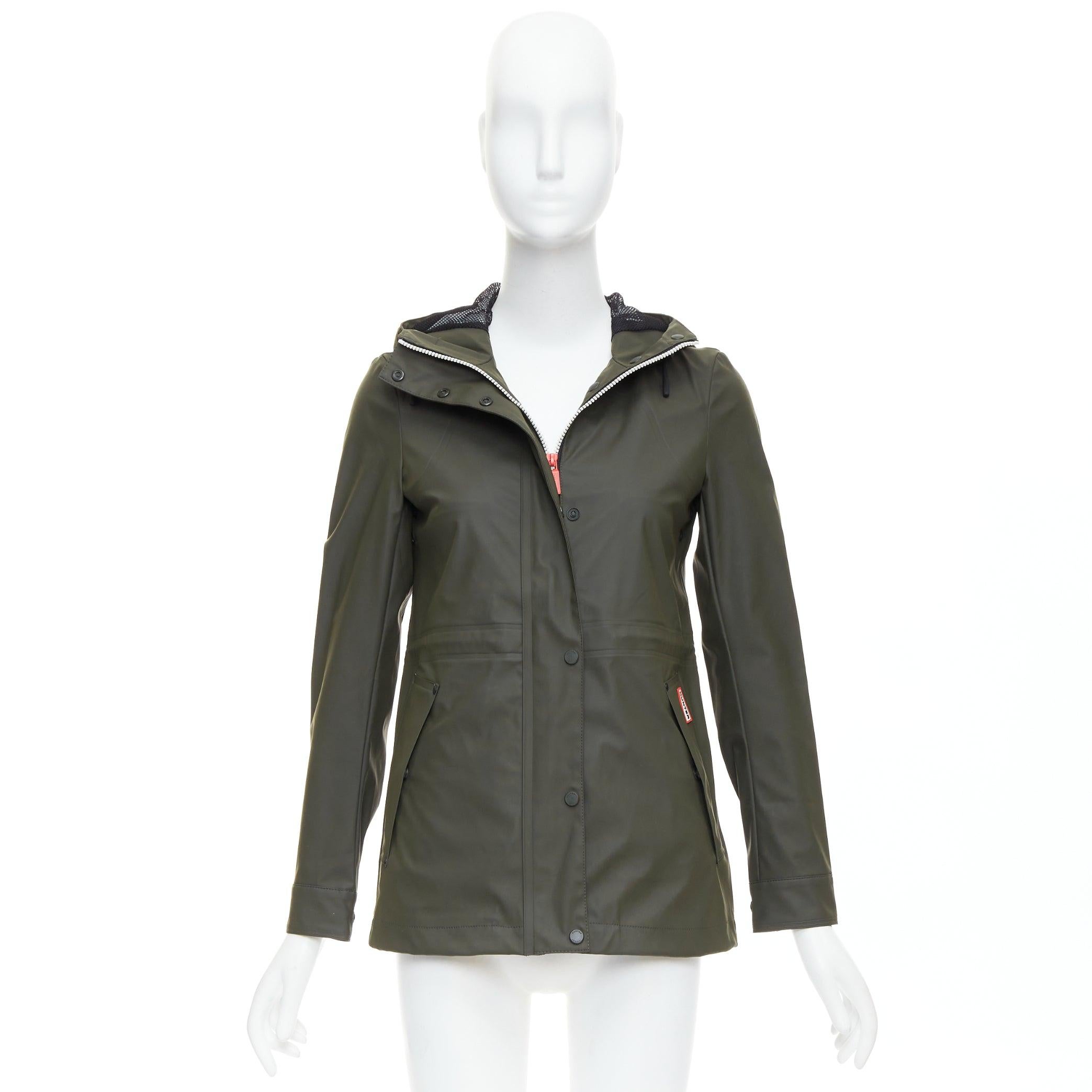 HUNTER Original veste de pluie à fermeture éclair vert olive foncé caoutchouté blanc XXS en vente 6