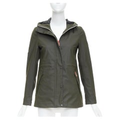 HUNTER Original dark olive green rubberized white zip rain jacket XXS