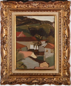 Hunter - Scottish School, Ölgemälde, Häuser auf dem Hillside, Mitte des 20. Jahrhunderts