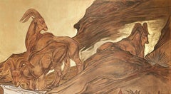 Hunters and Mouflons Near a Waterfall