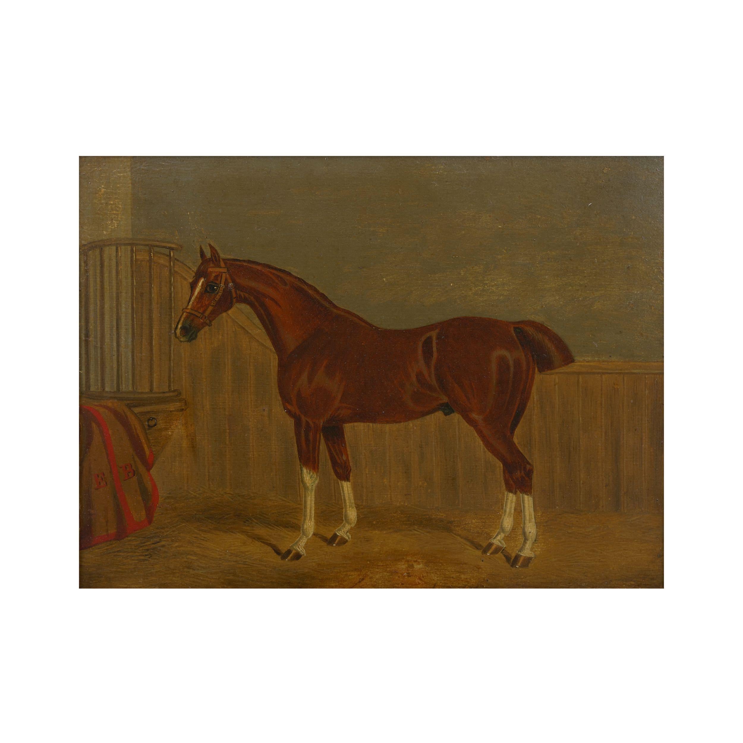 “Hunters in Stable” Antique English Oil Paintings of Horses, Set of 7 In Good Condition In Shippensburg, PA