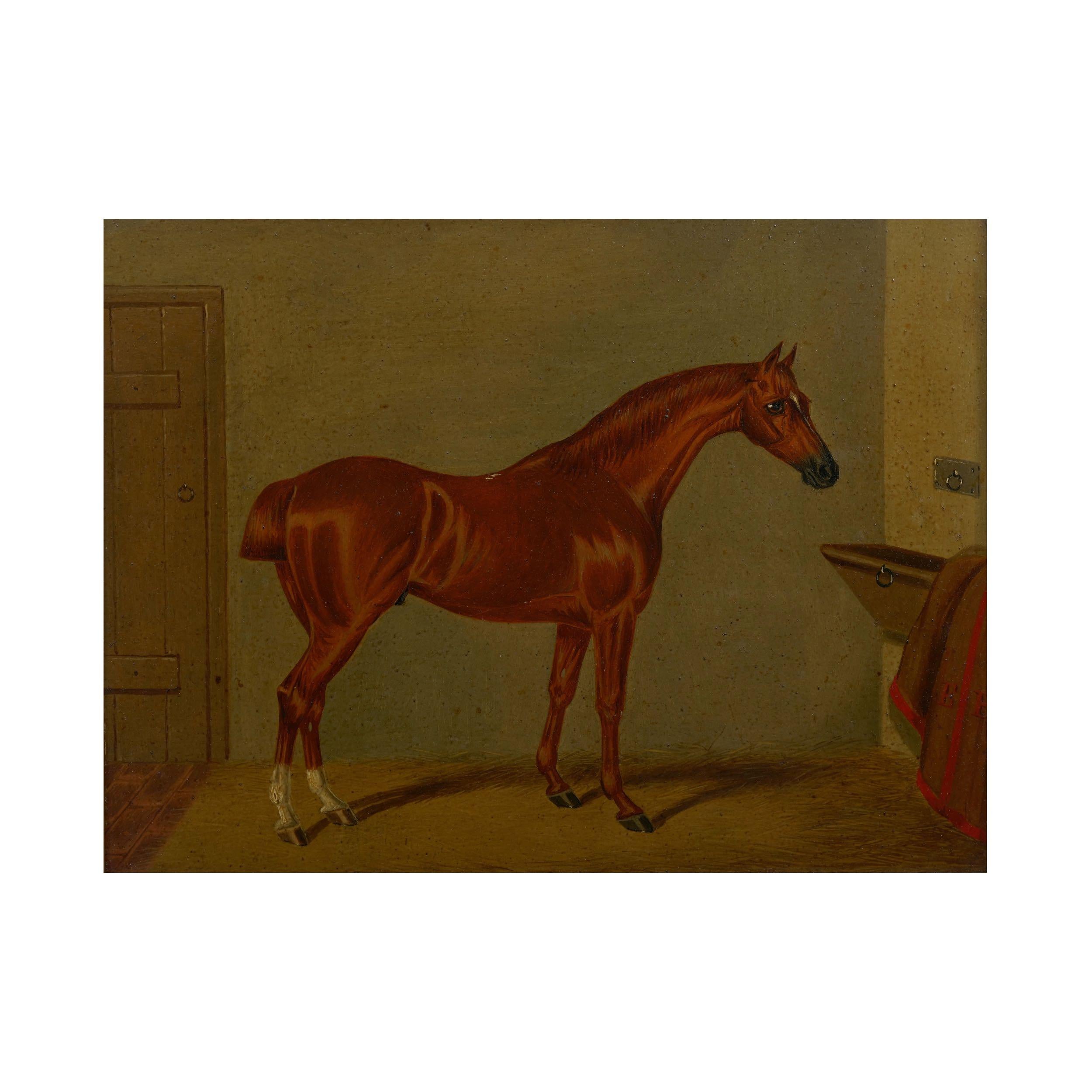 Giltwood “Hunters in Stable” Antique English Oil Paintings of Horses, Set of 7