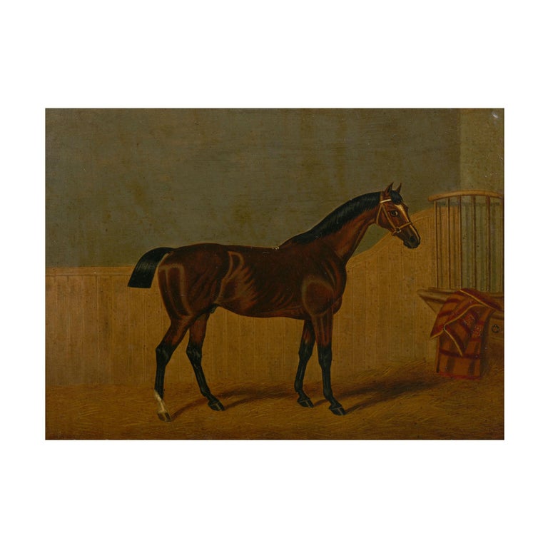 “Hunters in Stable” Antique English Oil Paintings of Horses, Set of 7