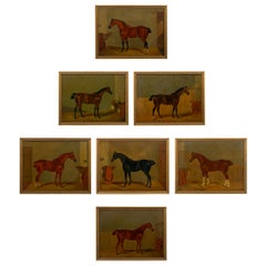 “Hunters in Stable” Antique English Oil Paintings of Horses, Set of 7