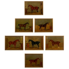 “Hunters in Stable” Antique English Oil Paintings of Horses, Set of 7