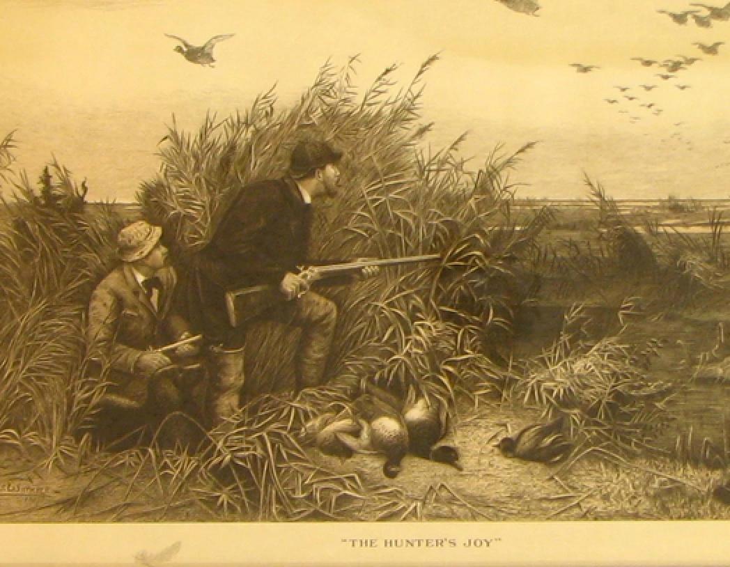 This wonderfully detailed engraving by Charles Whymper depicts two hunters waiting in the marshes circa 1885. Titled The Hunter’s Joy, the figures have already managed to shoot down four ducks. Dressed traditionally for wildfowling, the man on the