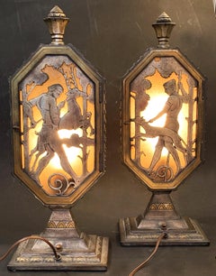 "Hunters with Hounds, " Rare Pare of Illuminated, Art Deco Bronze Table Lamps