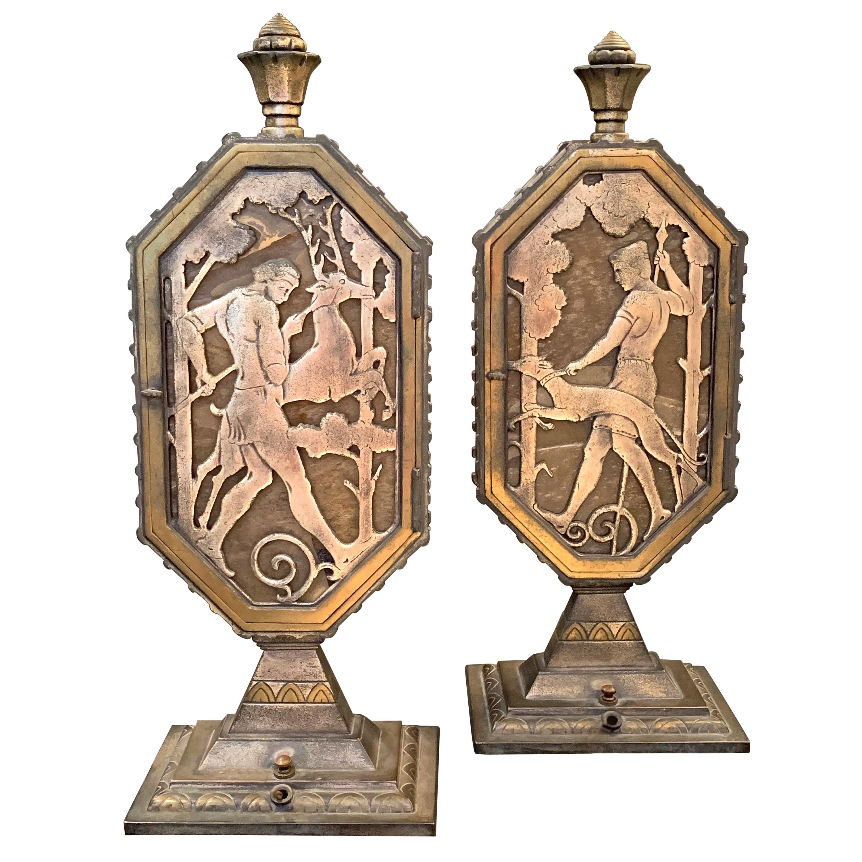 "Hunters with Hounds, " Rare Pare of Illuminated, Art Deco Bronze Table Lamps