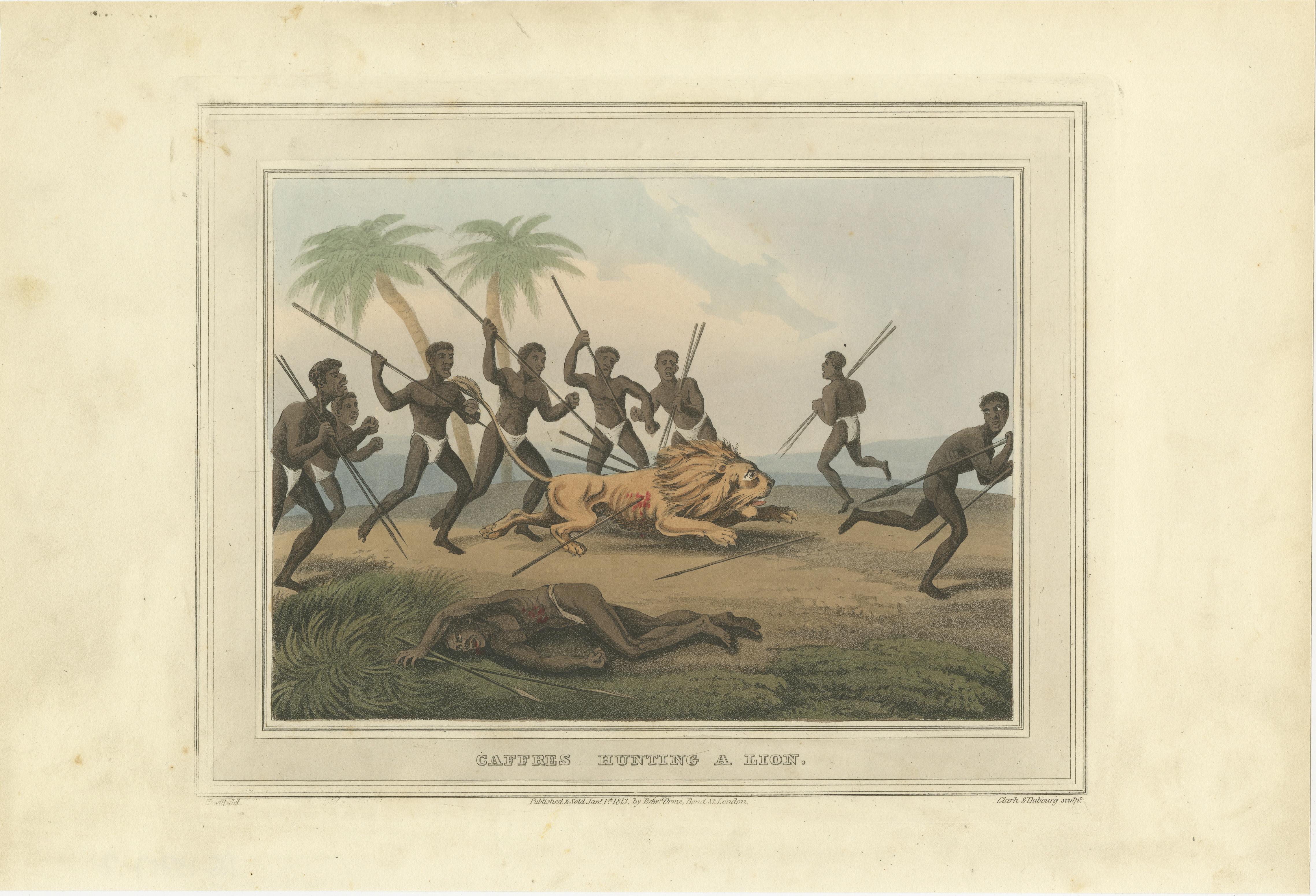 Hunting and Gathering Across Continents in einer Collage aus fünf Stichen, 1813 im Zustand „Gut“ im Angebot in Langweer, NL