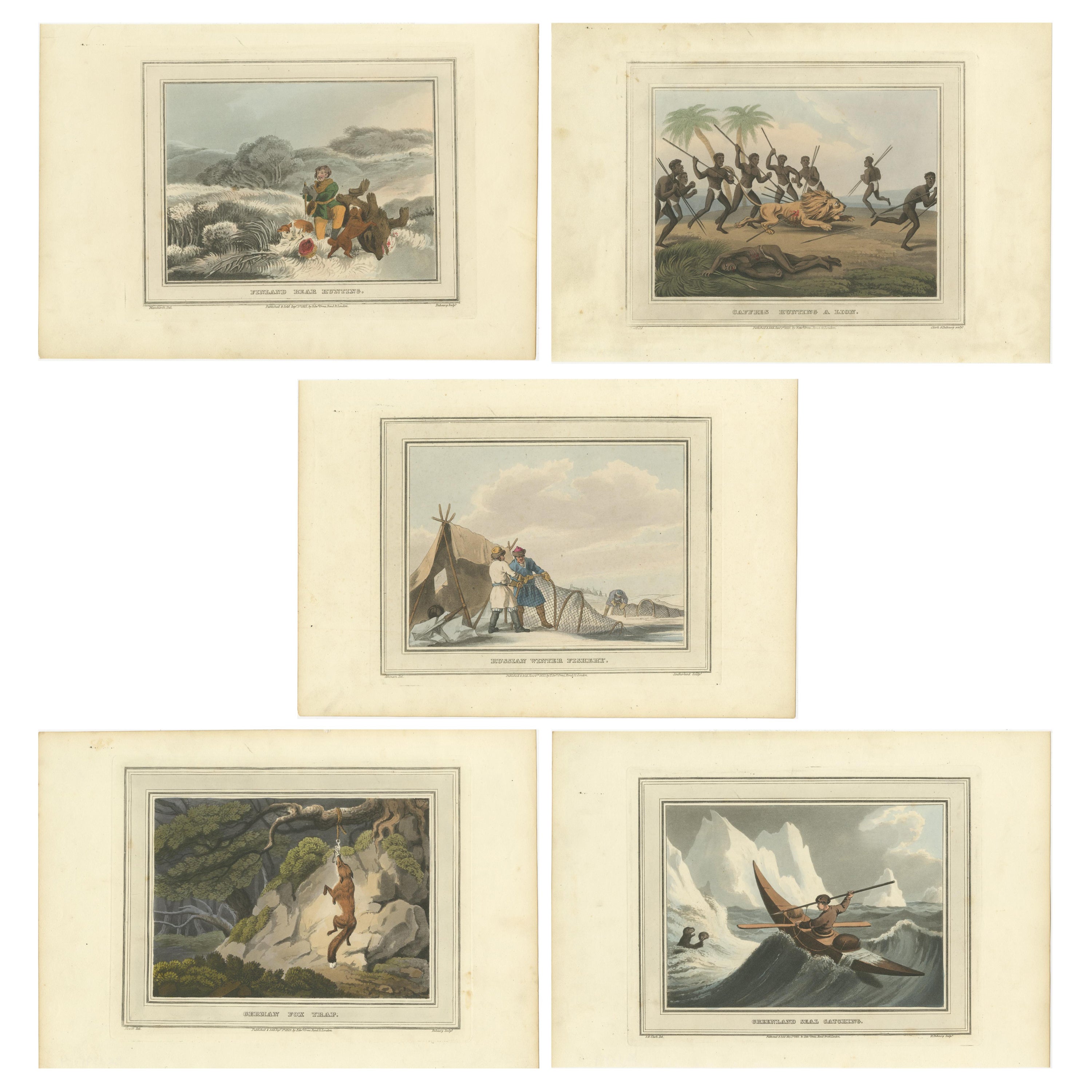 Caccia e raccolta attraverso i continenti in un collage di cinque incisioni, 1813 in vendita