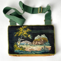 Hunting Bag in leather with Petit Point decor from a hunting scene. 19th Century