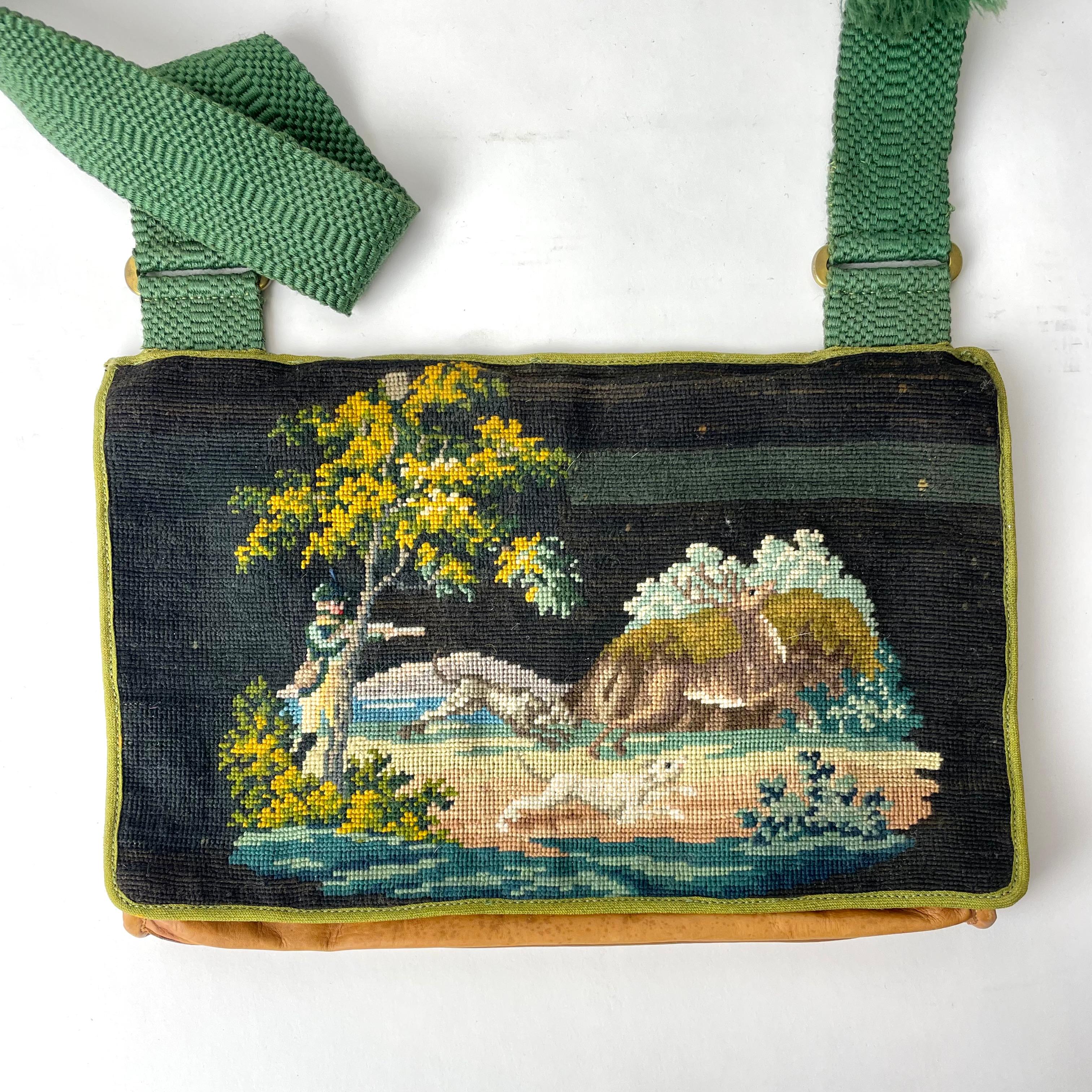 Hunting Bag in leather with Petit Point decor from a hunting scene. 19th Century In Good Condition For Sale In Knivsta, SE