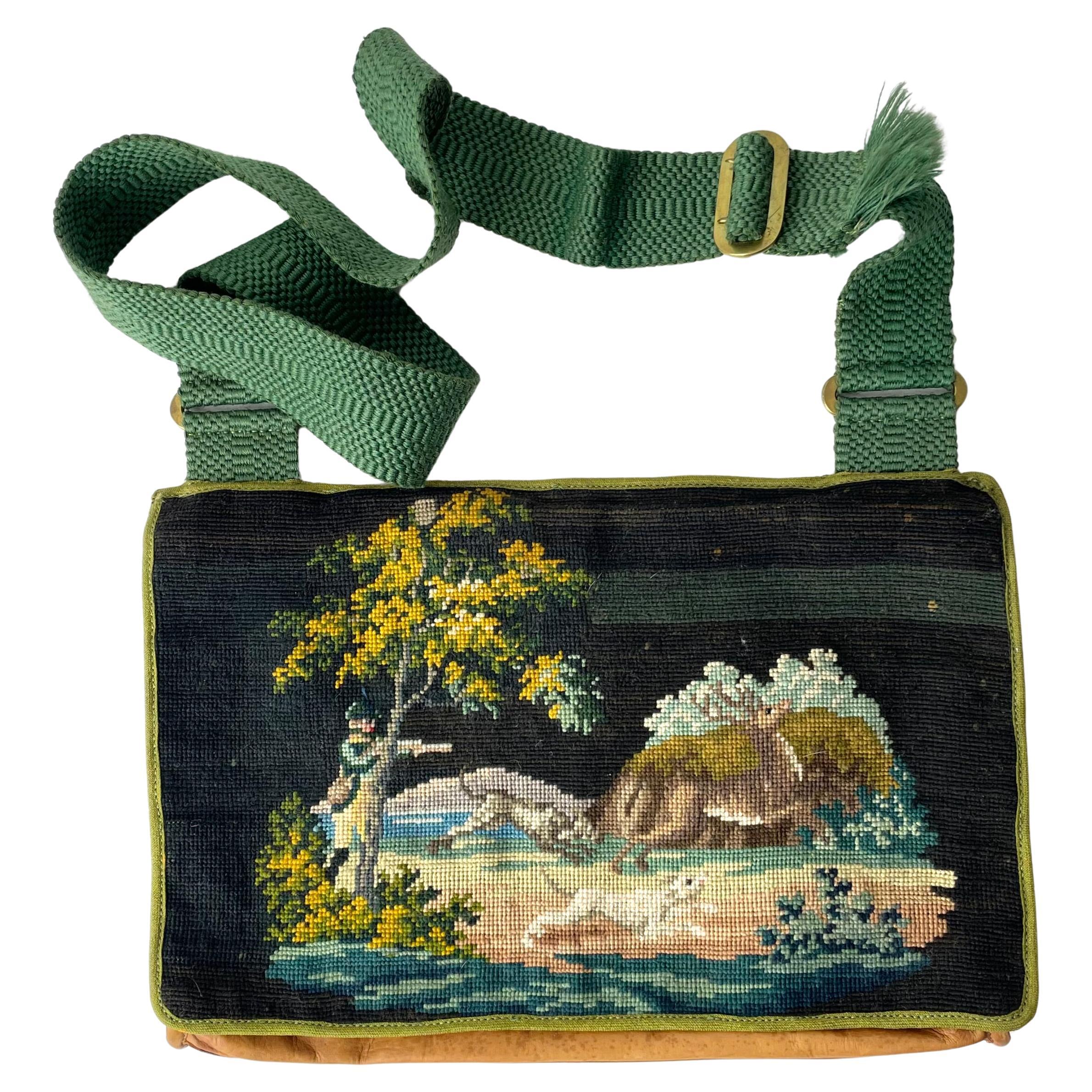 Hunting Bag in leather with Petit Point decor from a hunting scene. 19th Century