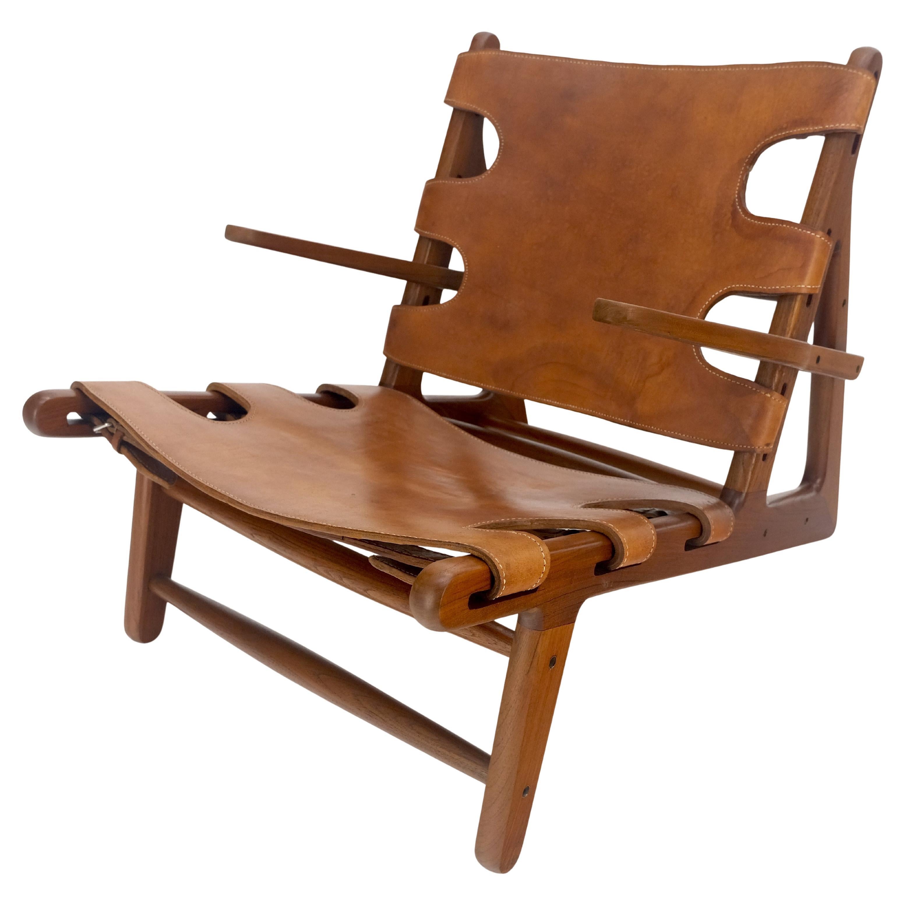 Hunting Chair in Teak Thick Leather Upholstery Lounge Chair MINT For Sale