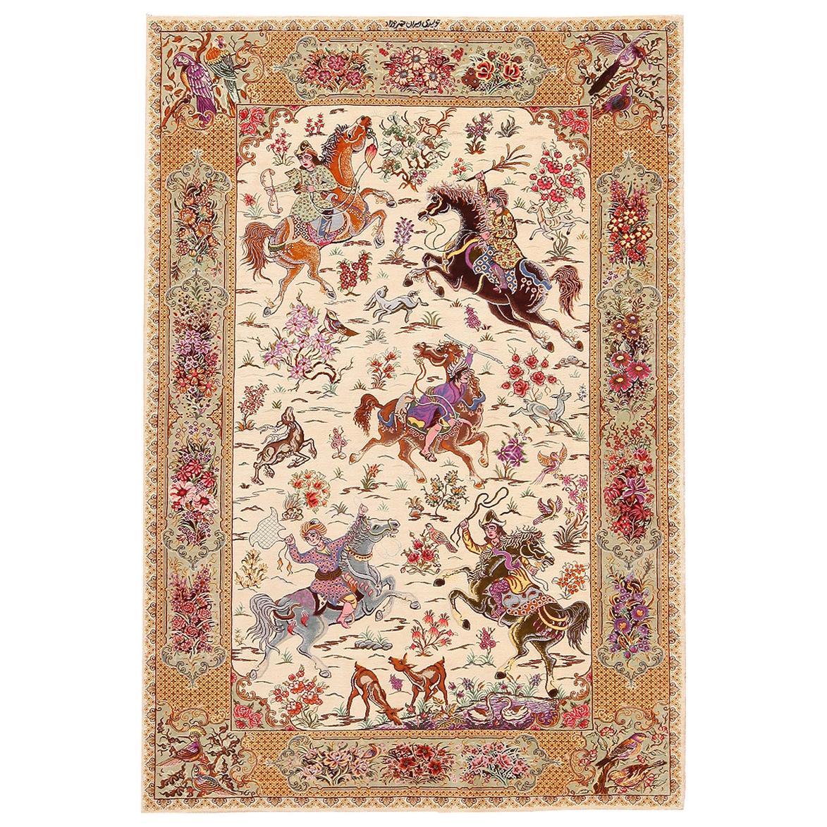 Hunting Design Vintage Persian Silk Qum Rug. 3 ft 3 in x 4 ft 10 in
