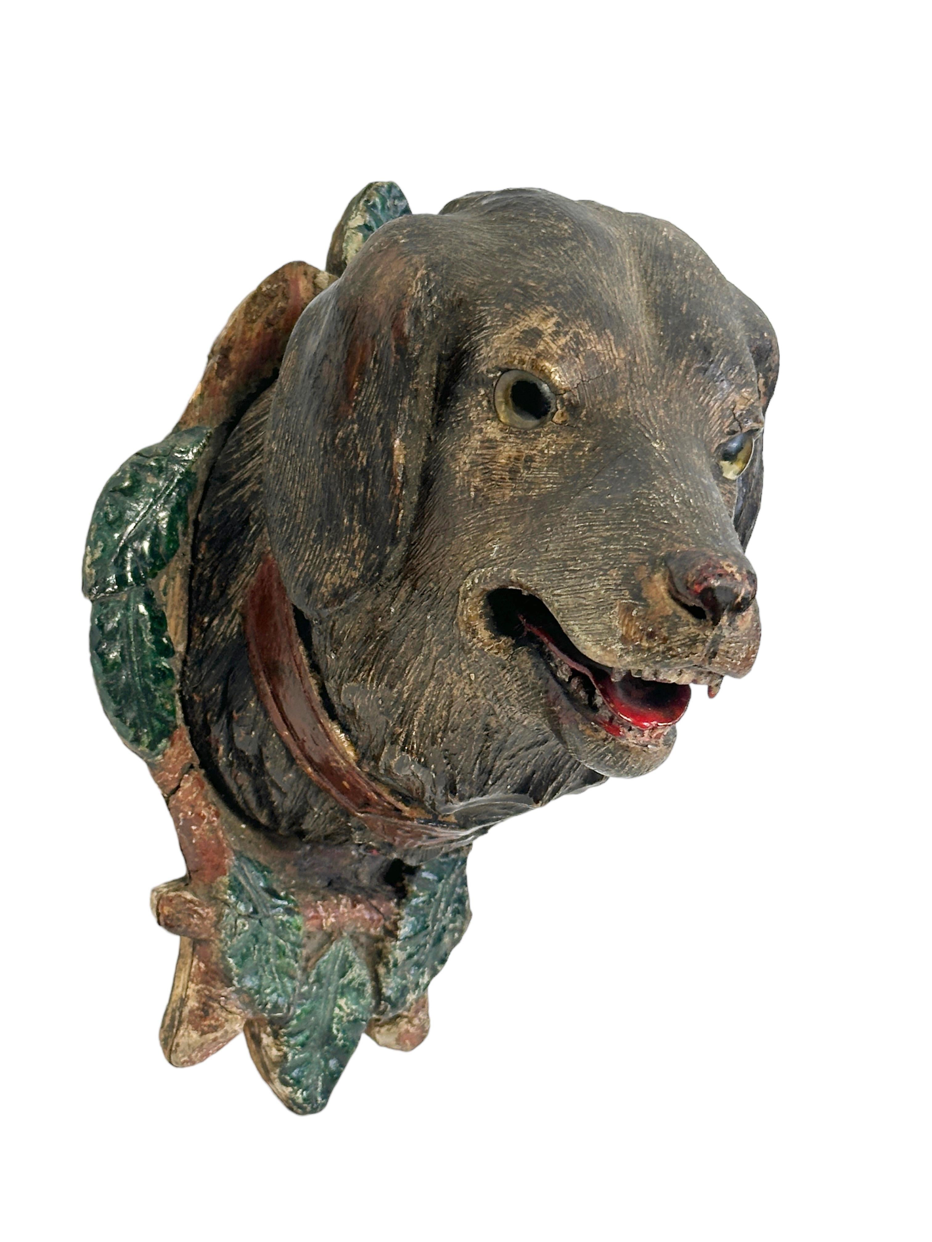 Ein toll aussehender handgeschnitzter originaler hölzerner Folk Art Hundekopf mit Glasaugen, Wanddekoration. Ein großartiges Stück für ein passendes Ambiente in einem Trophäenzimmer oder dem Büro eines Jägers oder Waldarbeiters. Höchstwahrscheinlich