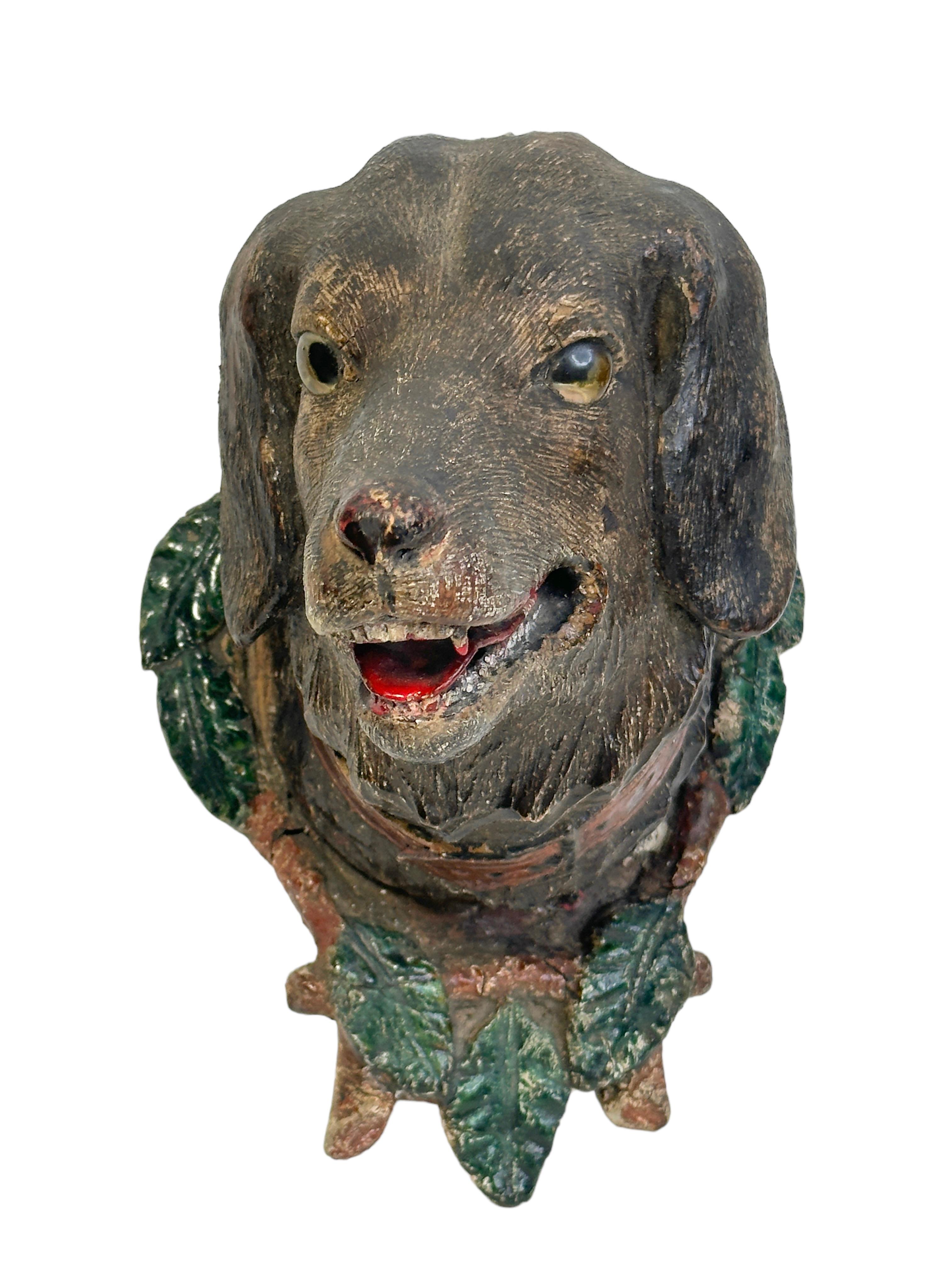 Austrian Hunting Dog Head Black Forest Hand Carved Folk Art Wooden Trophy, 19th Century For Sale
