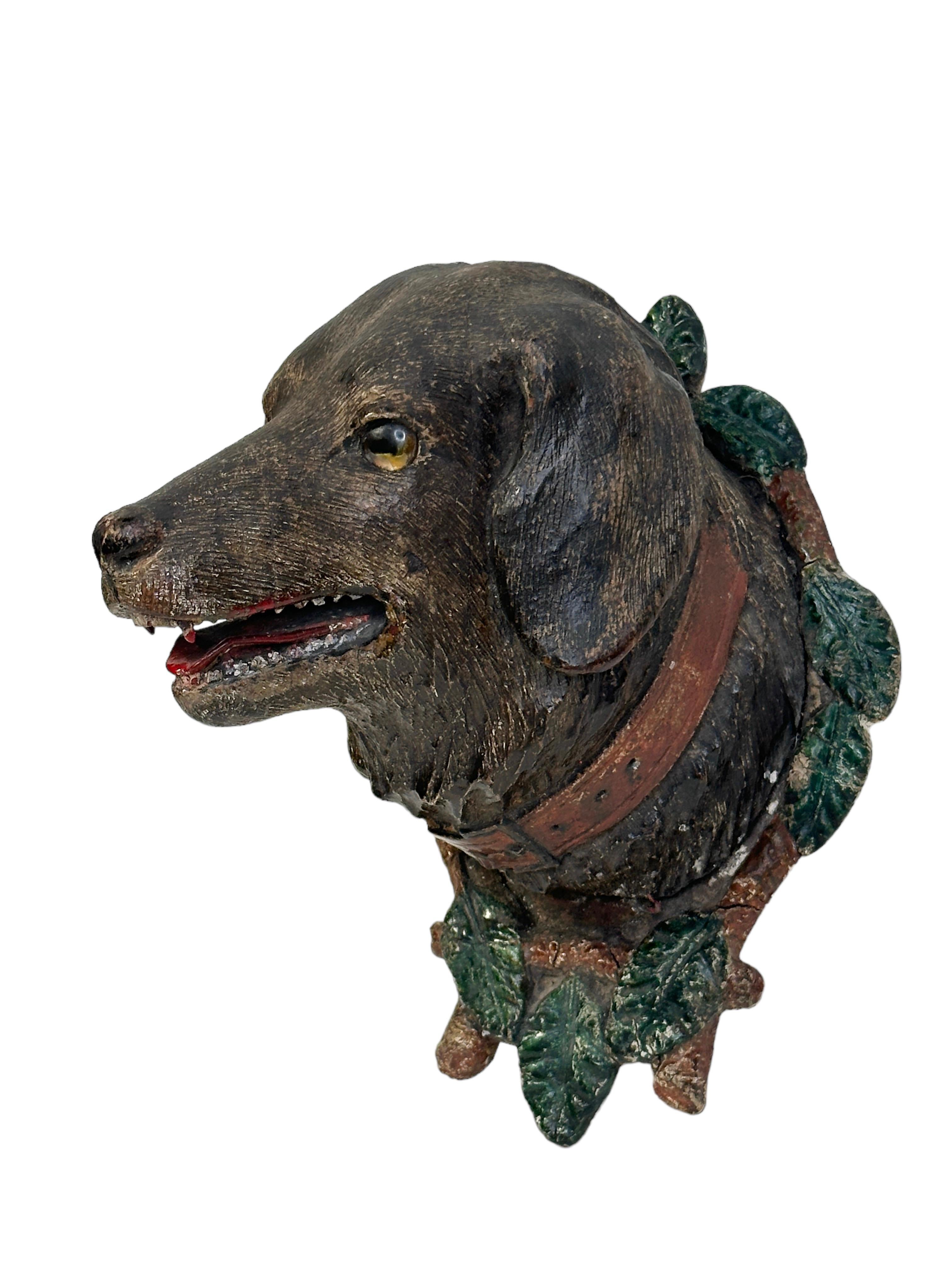 Hand-Carved Hunting Dog Head Black Forest Hand Carved Folk Art Wooden Trophy, 19th Century For Sale