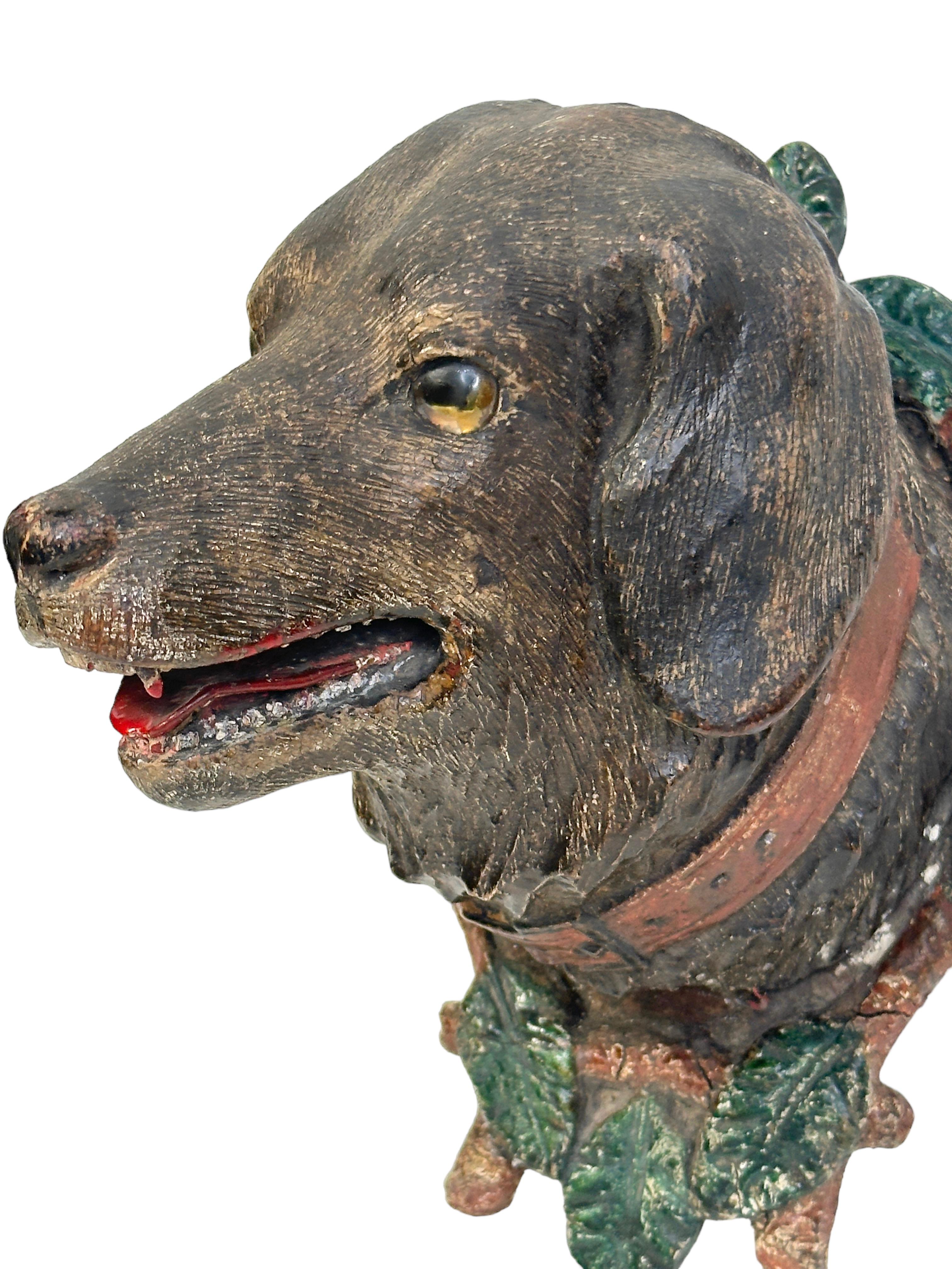 Hunting Dog Head Black Forest Hand Carved Folk Art Wooden Trophy, 19th Century For Sale 2