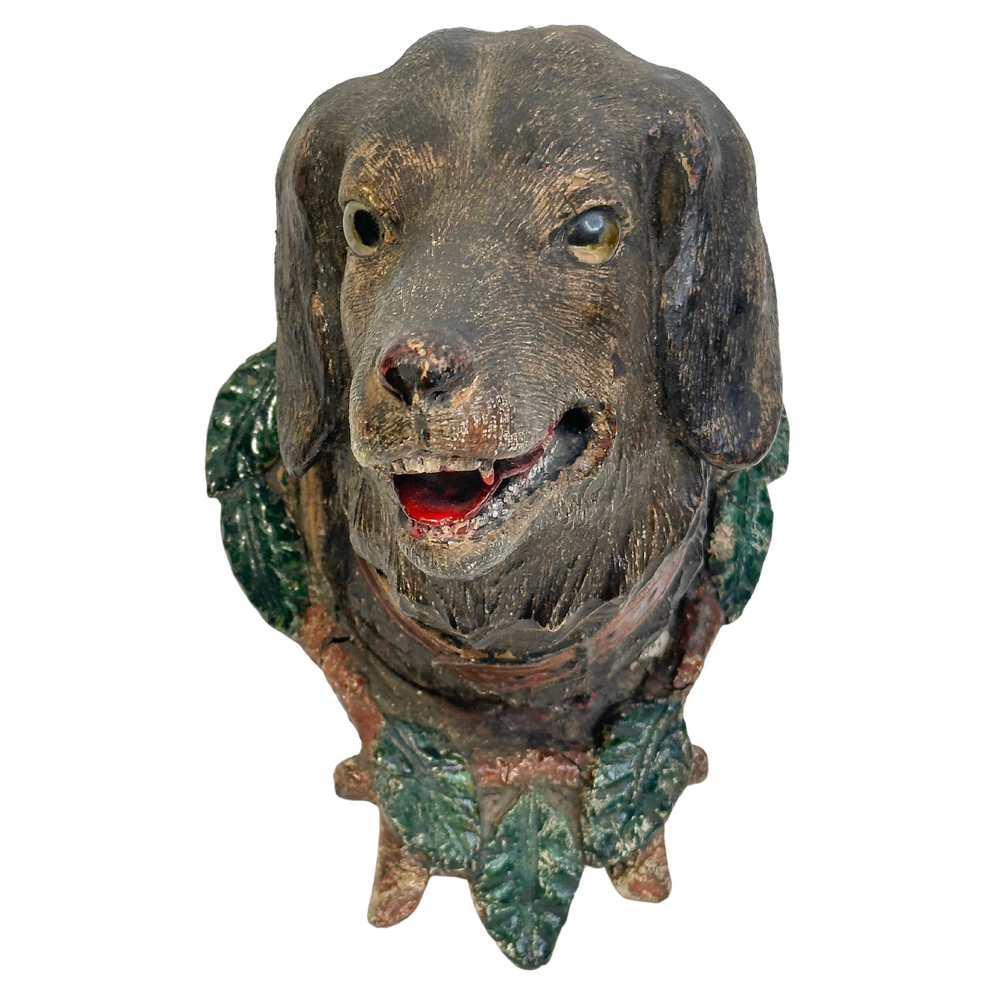 Hunting Dog Head Black Forest Hand Carved Folk Art Wooden Trophy, 19th Century For Sale