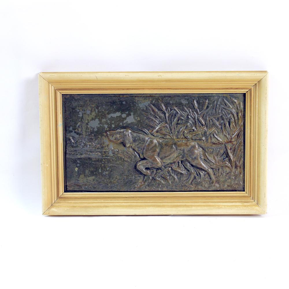 Mid-20th Century Hunting Dog Metal Wall Art in Frame, Czechoslovakia 1950s For Sale