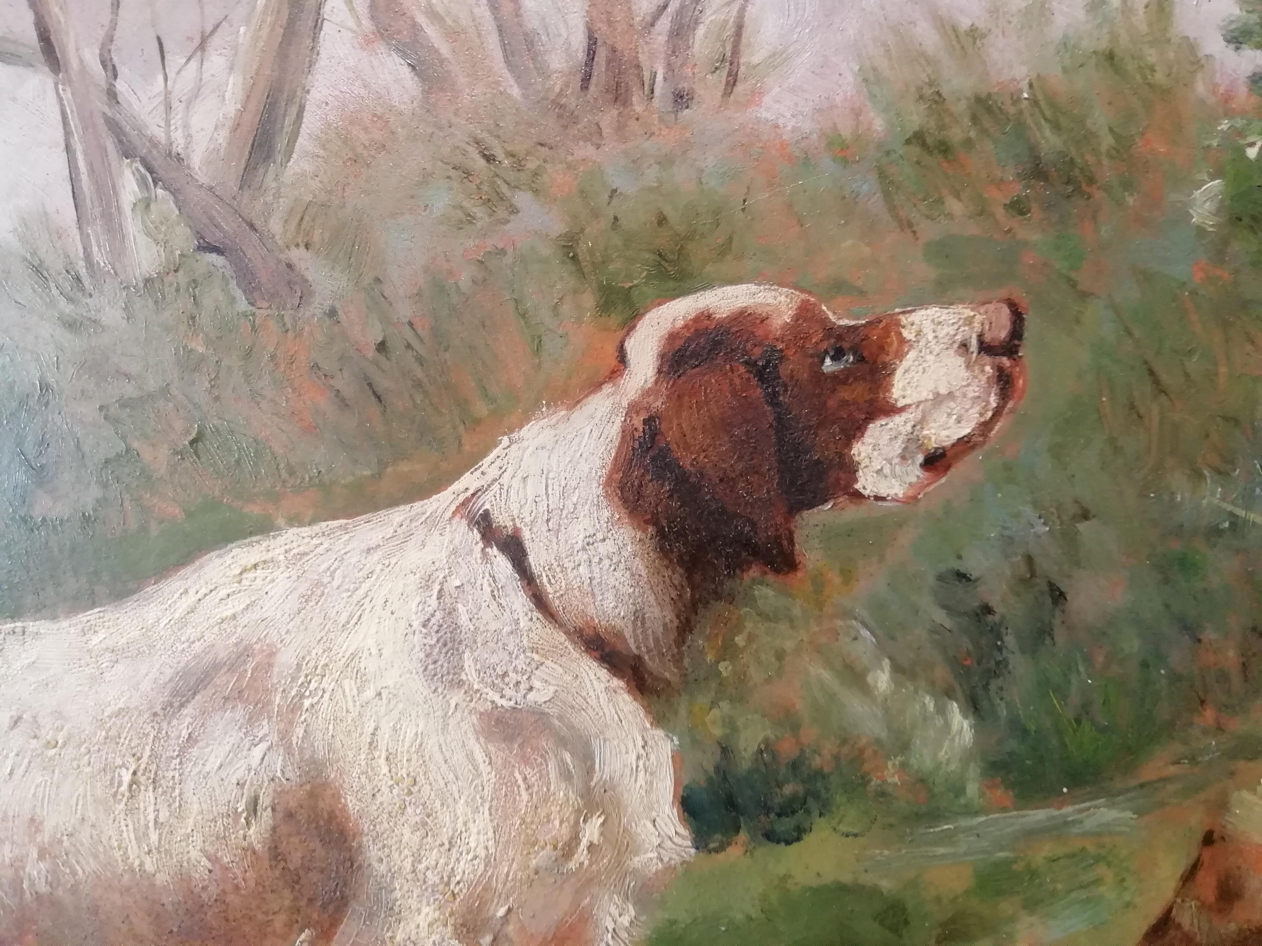Oiled Hunting Dog Setter, Italian Painting Oil on Cardboard Hunter, 19th Century For Sale
