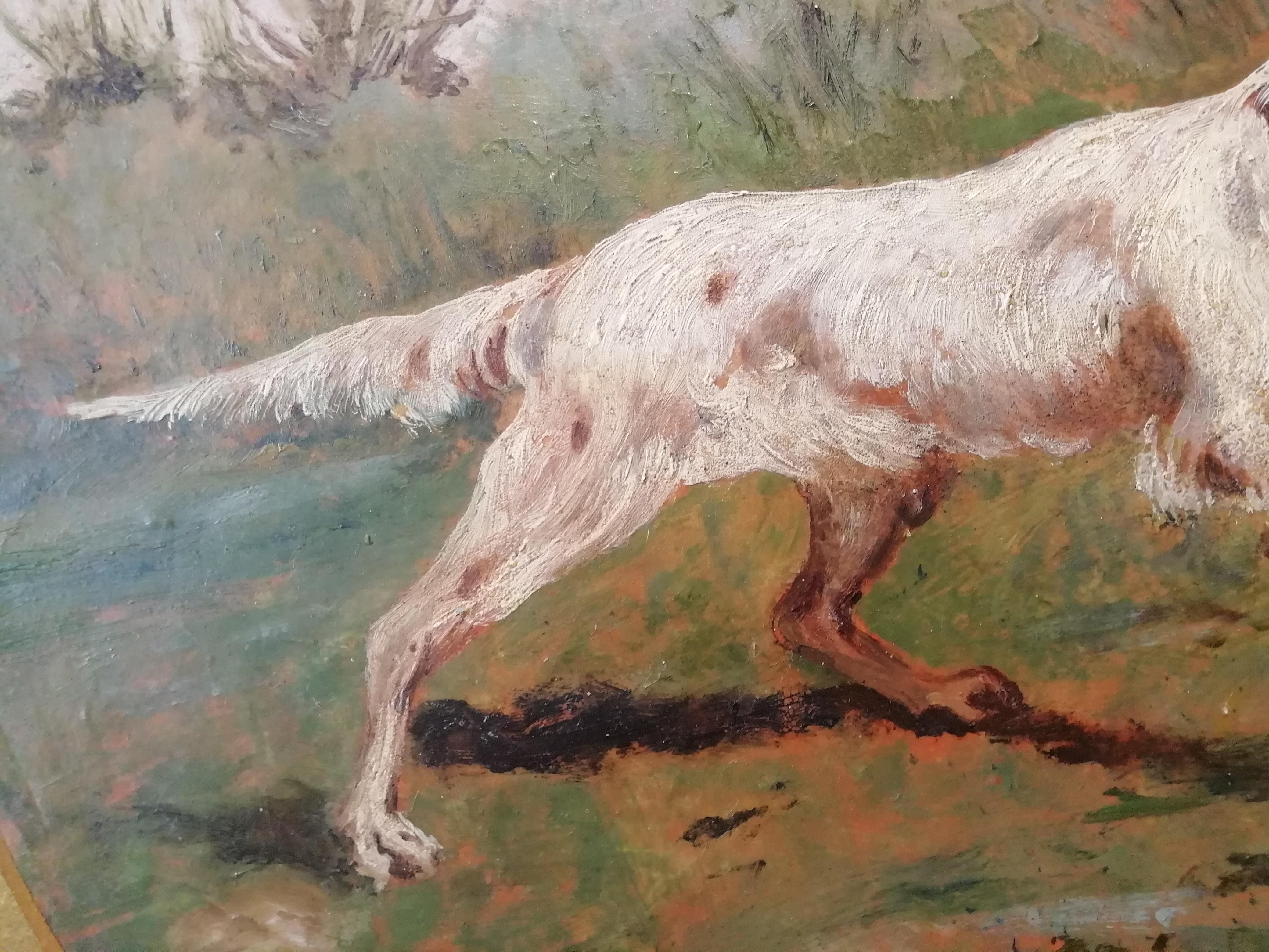 Hunting Dog Setter, Italian Painting Oil on Cardboard Hunter, 19th Century In Good Condition For Sale In Rome, Italy