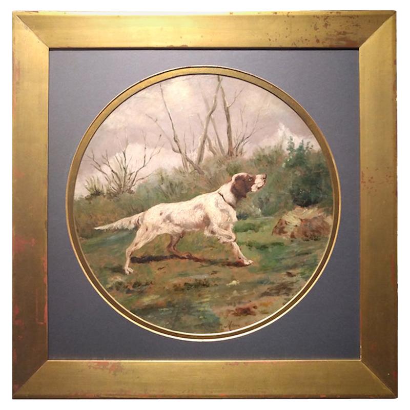 Hunting Dog Setter, Italian Painting Oil on Cardboard Hunter, 19th Century For Sale
