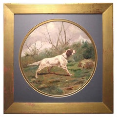 Hunting Dog Setter, Italian Painting Oil on Cardboard Hunter, 19th Century