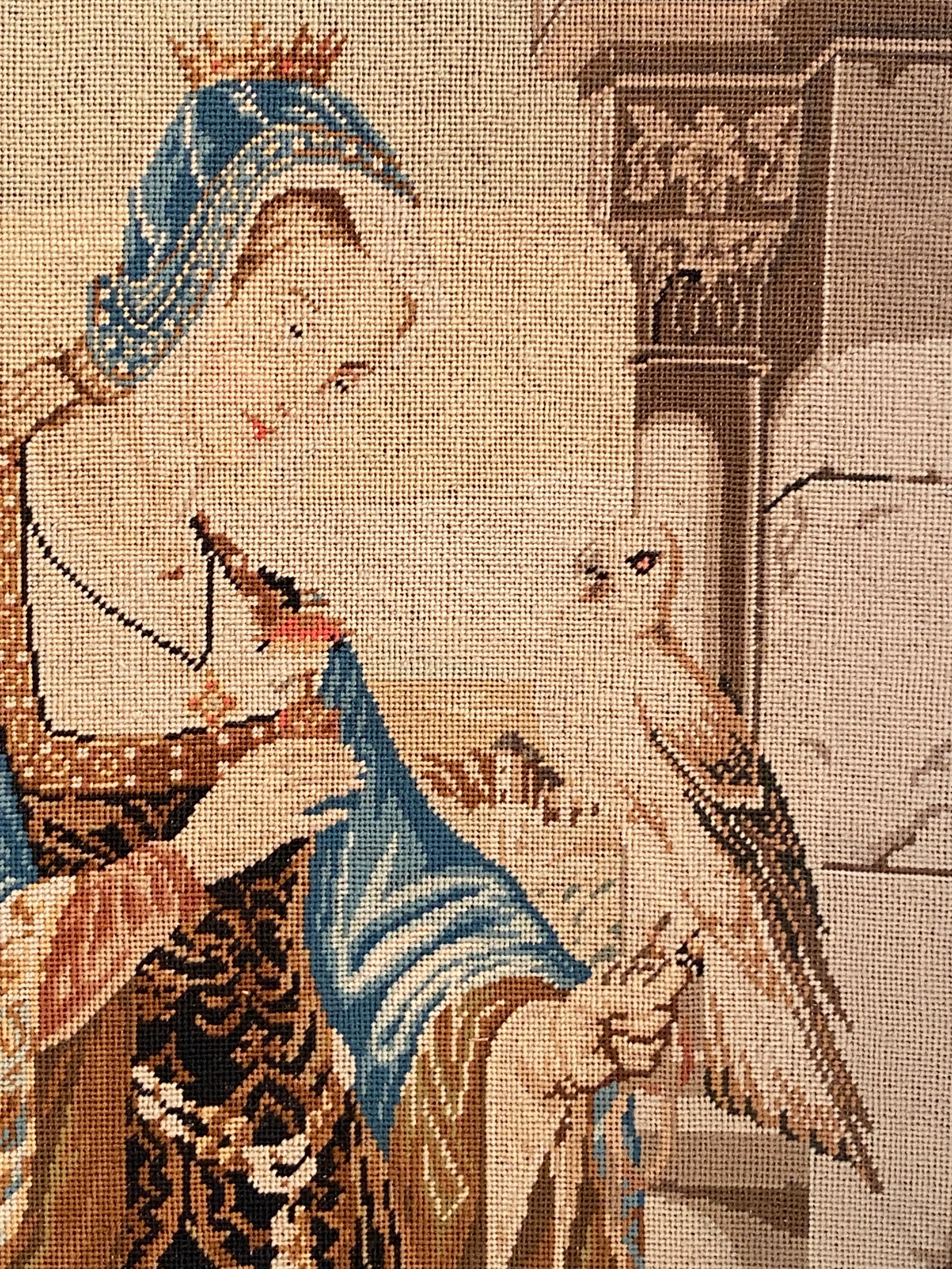 Needlework Hunting Falconry Embroidered Tapestry Classical Female Portrait Wool, circa 1890 For Sale