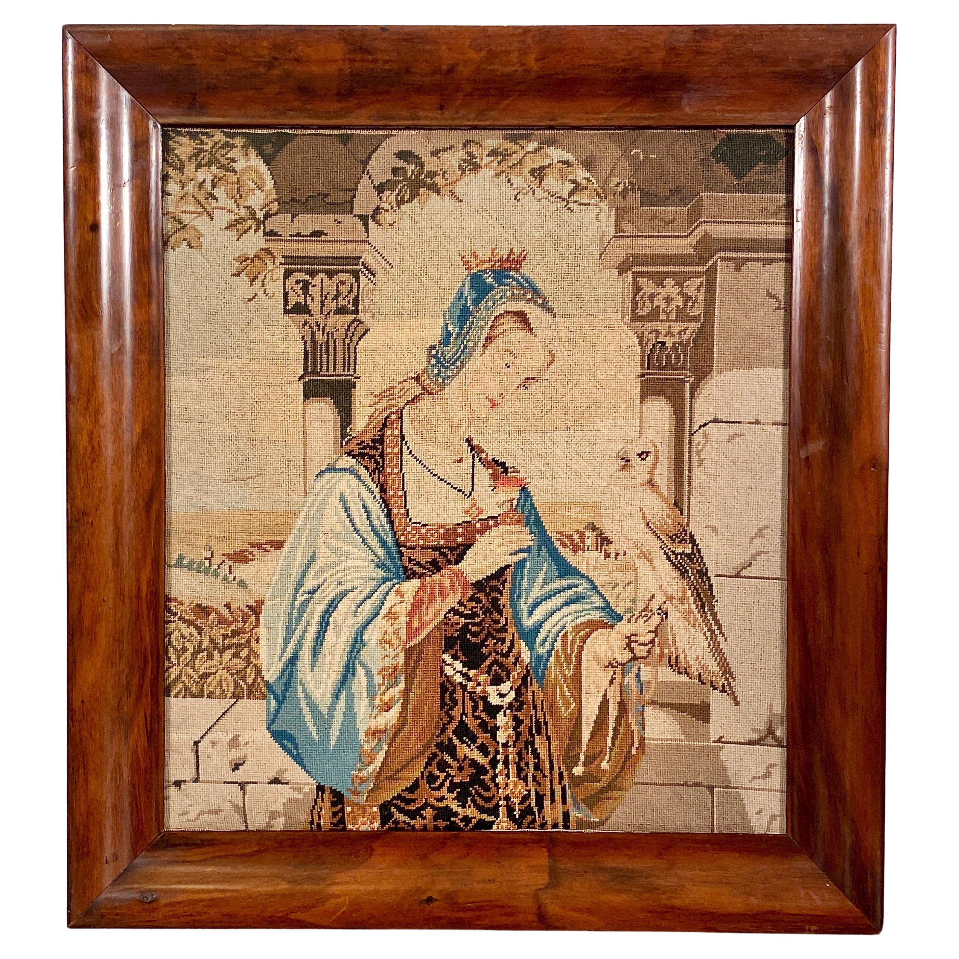 Hunting Falconry Embroidered Tapestry Classical Female Portrait Wool, circa 1890 For Sale