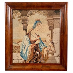 Antique Hunting Falconry Embroidered Tapestry Classical Female Portrait Wool, circa 1890